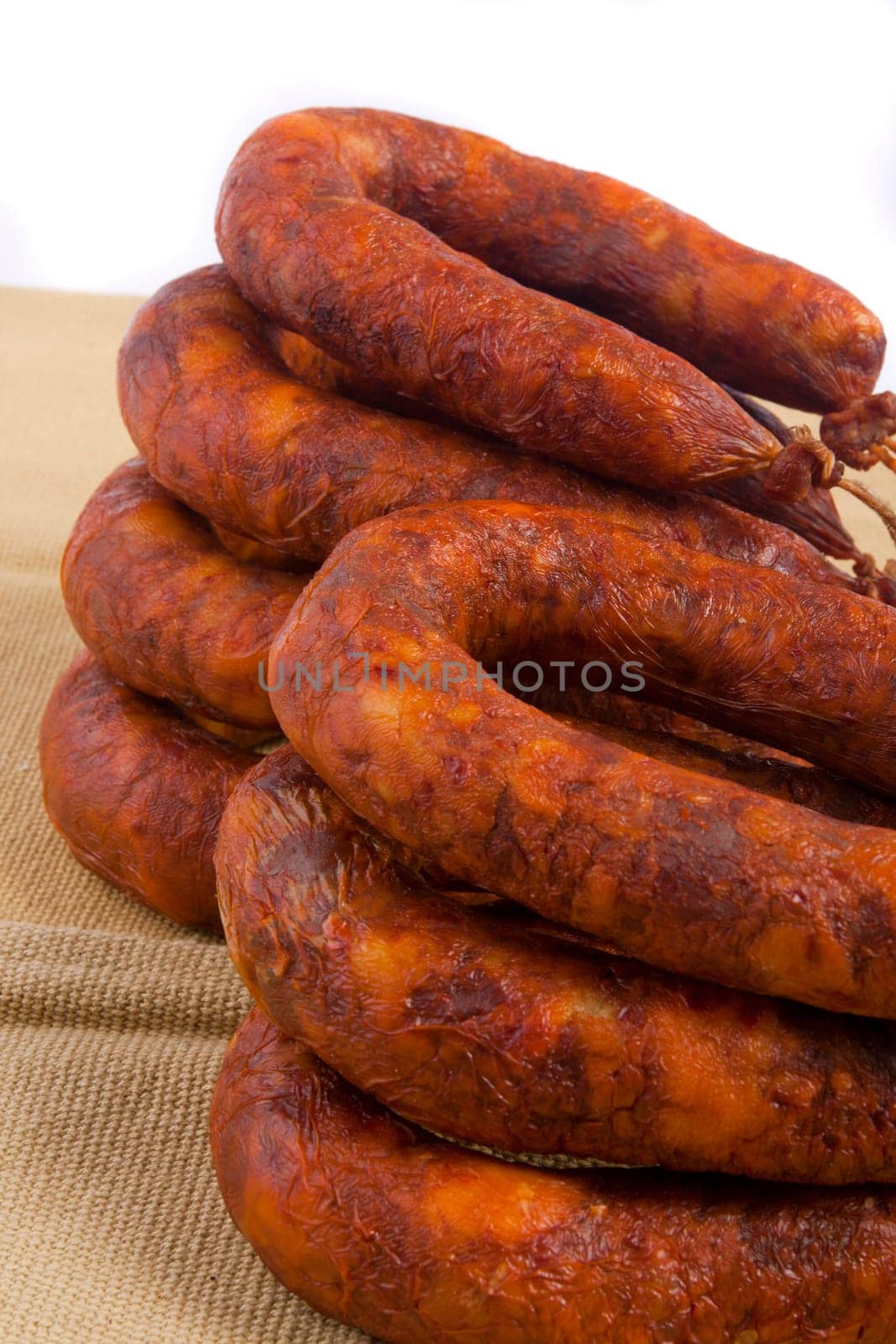 Close up view of some traditional Portuguese chorizo on a table