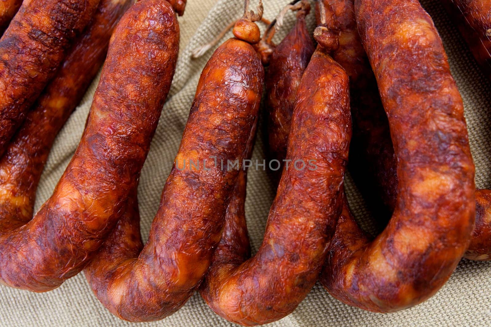 Close up view of some traditional Portuguese chorizo on a table