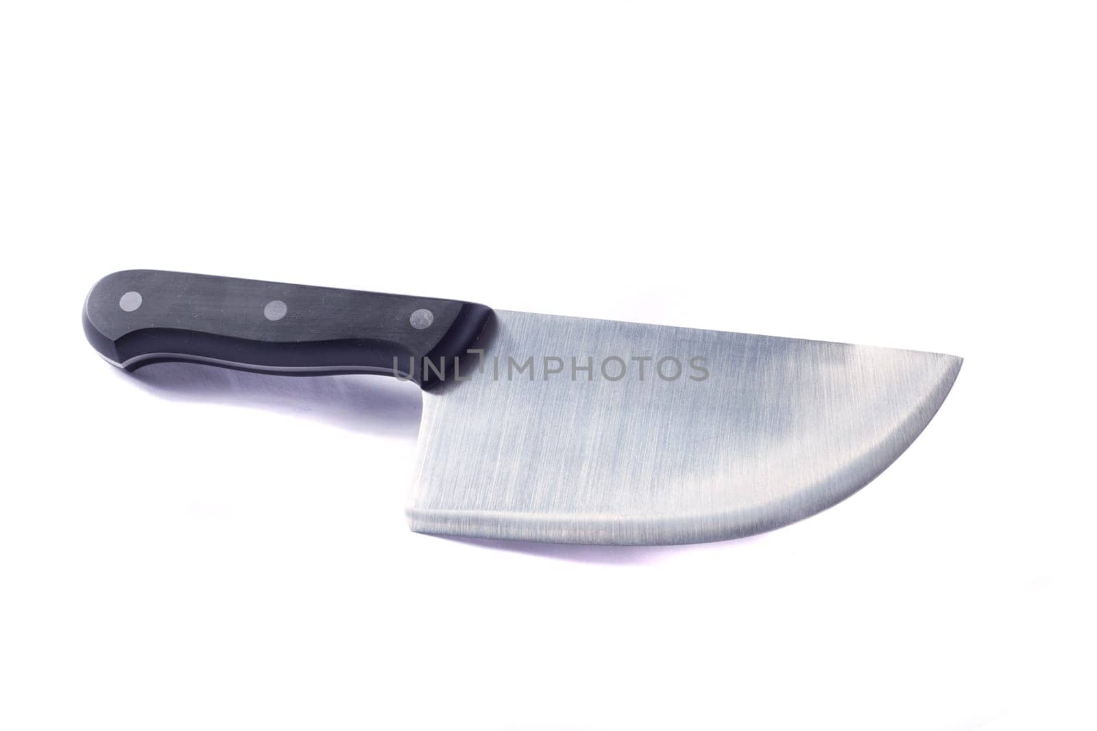 Close up view of butcher knife isolated on a white background.