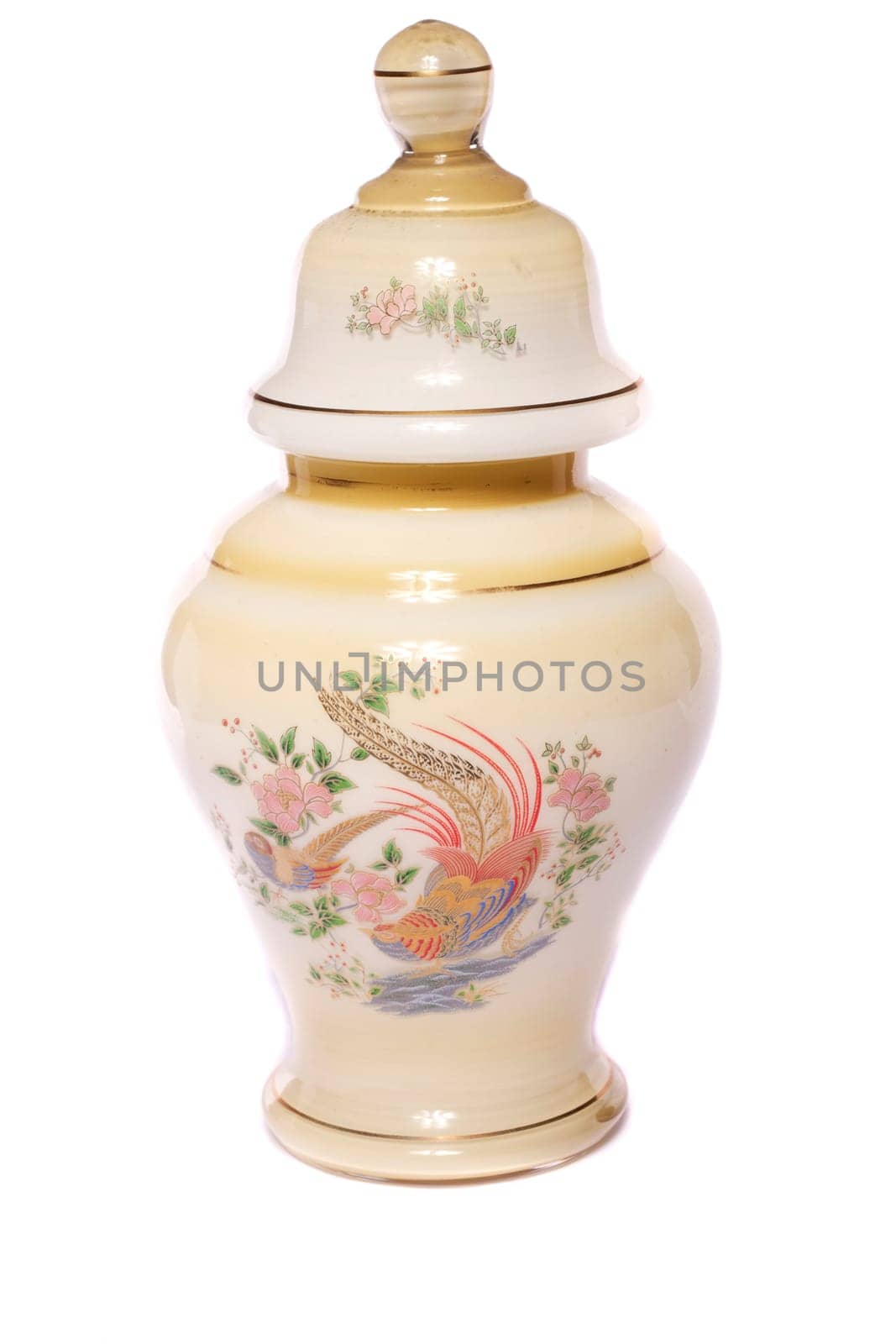 Close up view of a urn ceramic vase isolated on a white background.