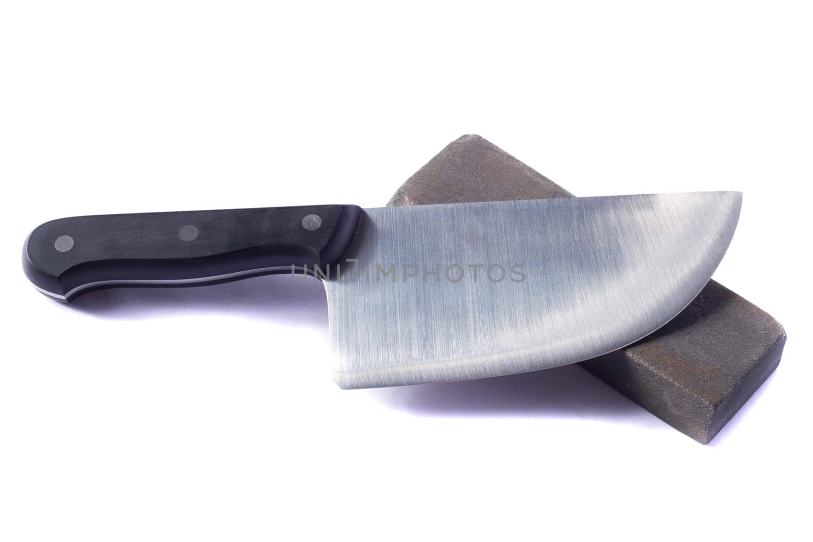 Close up view of butcher knife isolated on a white background.