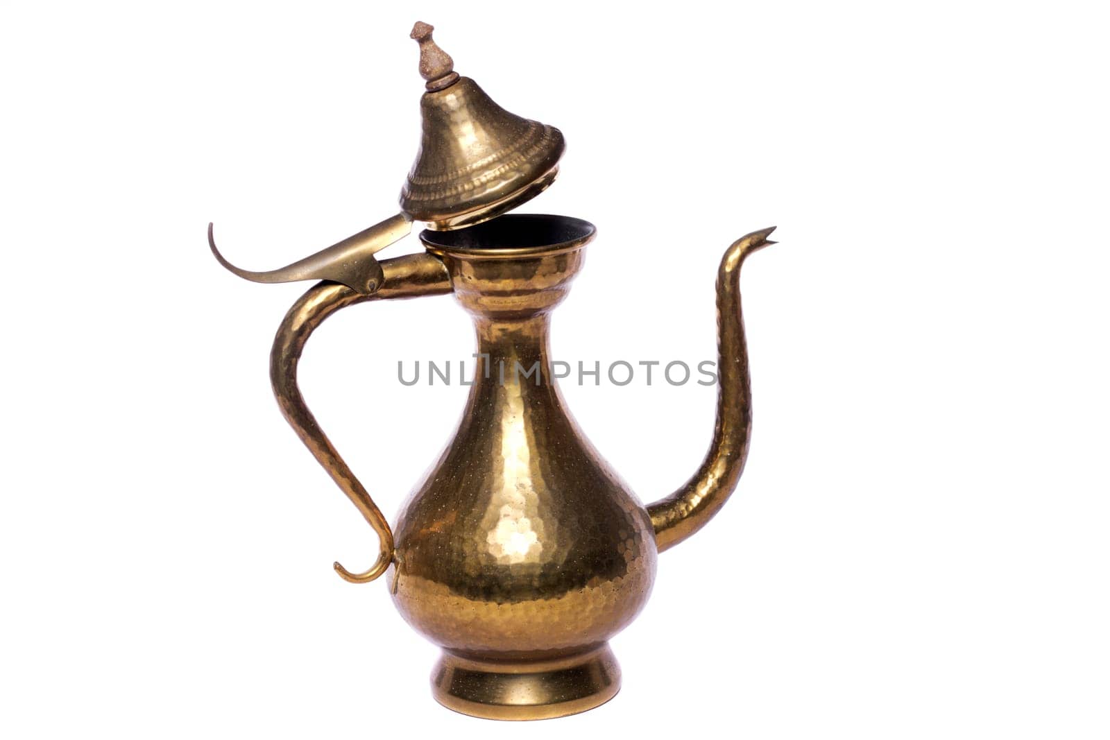 Close up view of a copper wine vase isolated on a white background.