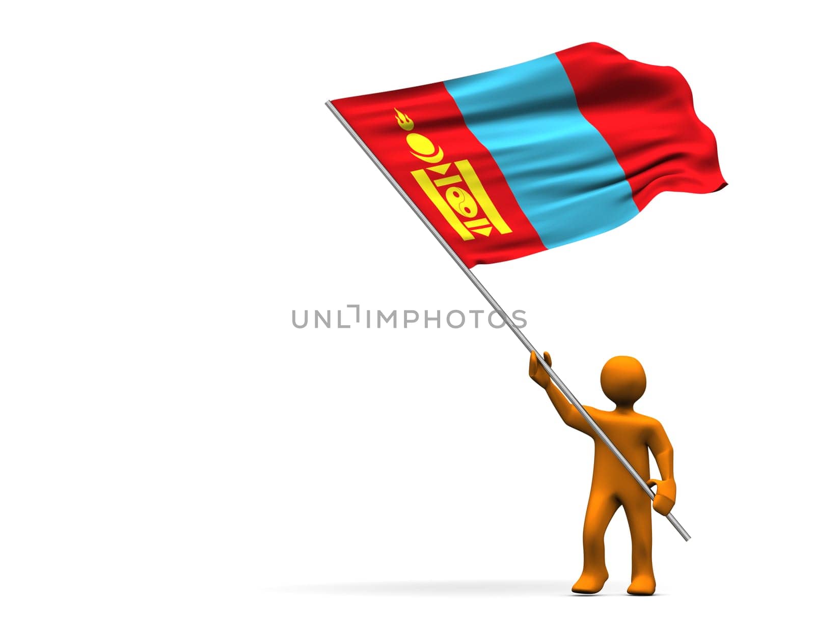 Orange cartoon with a big flag of Mongolia, isolated on white.