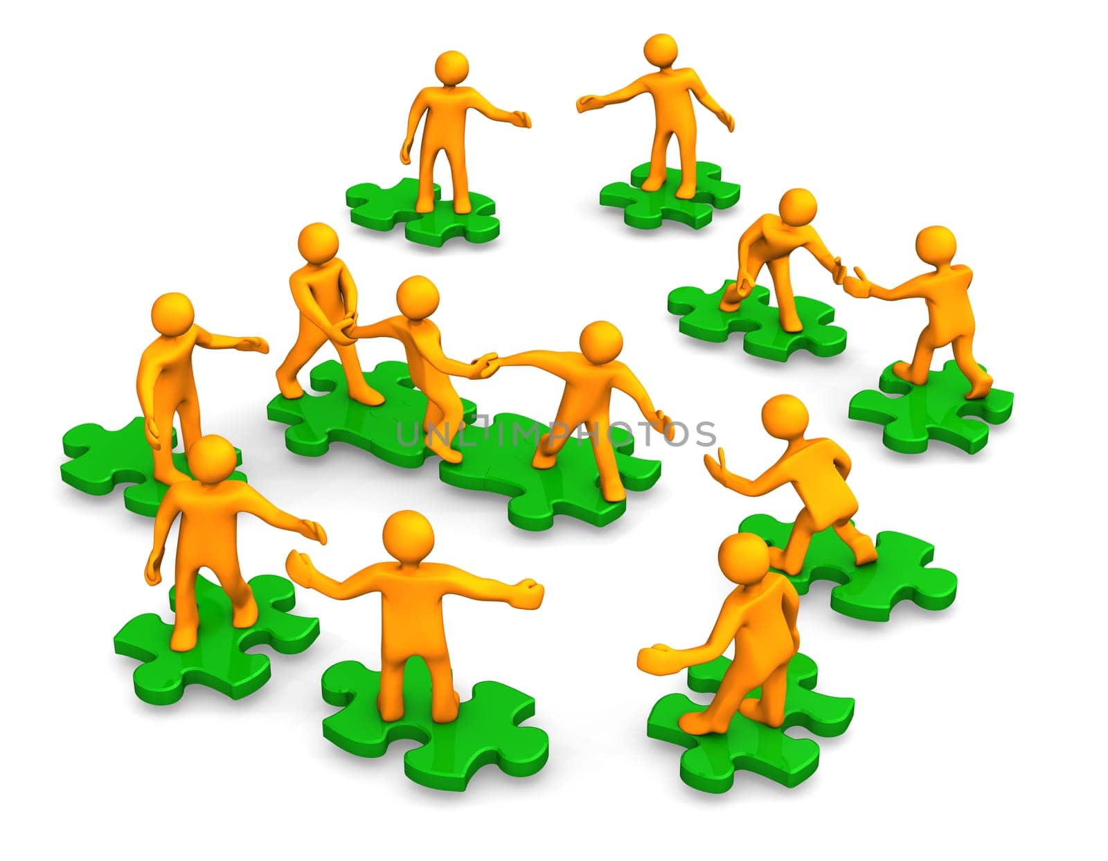 Orange cartoons on the green puzzles, symbolize a teamwork.