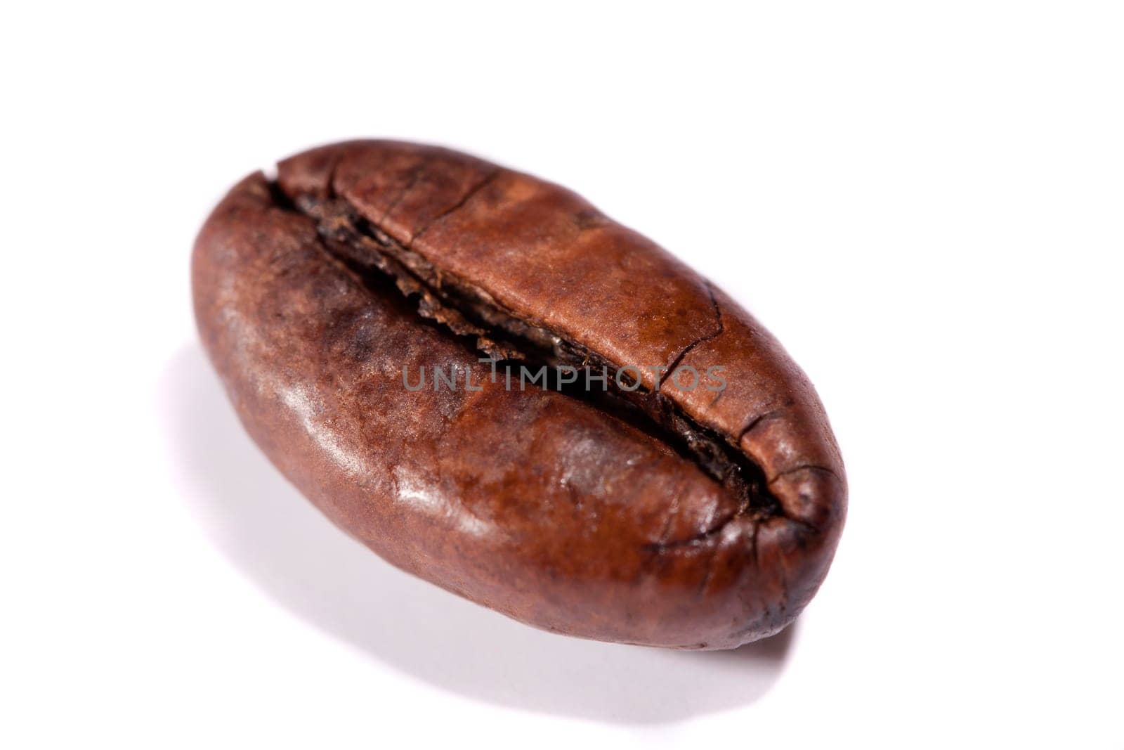 Close up view of a single roasted bean of coffee.