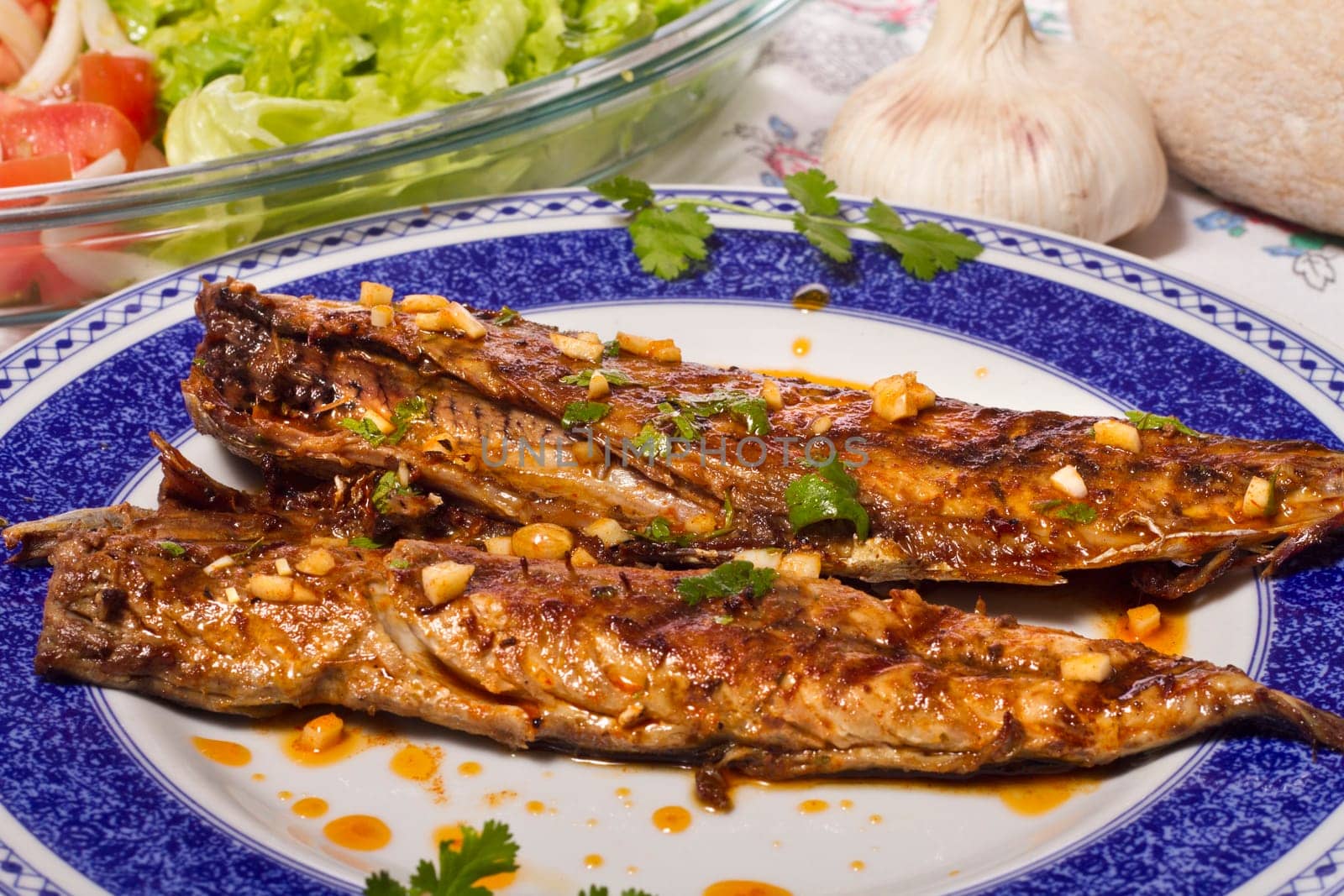 Close up view of a Portuguese meal of Wahoo grilled fish with annatto sauce and Mediterranean salad.