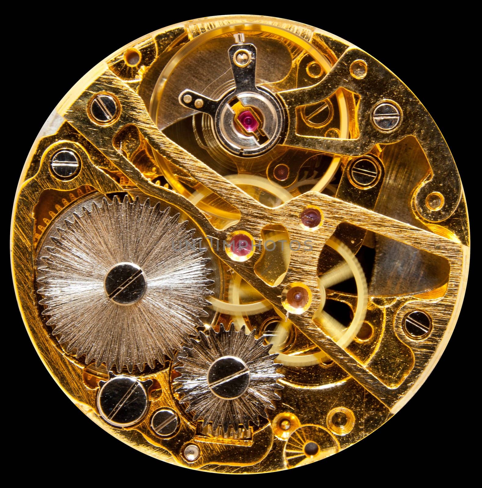 Macro shot of the interior of an old pocket watch with a hand-wound mechanical movement
