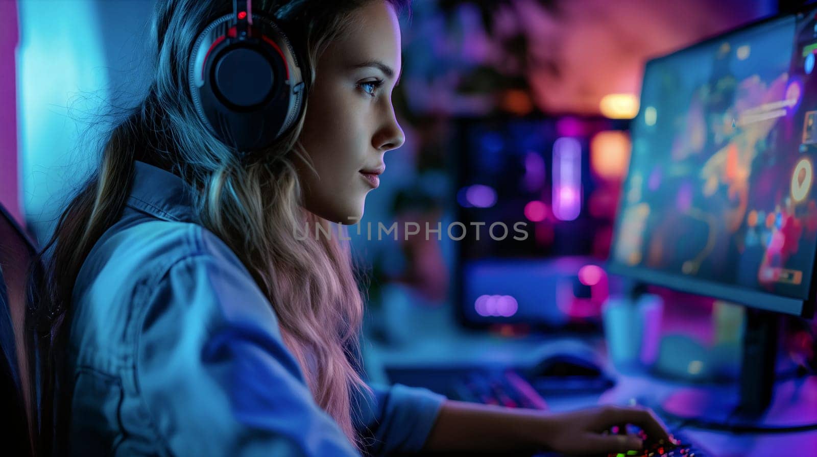 A young woman is deeply engaged in gaming at her computer, surrounded by colorful LED lights creating a vibrant atmosphere. The focus and intensity are evident on her face - Generative AI