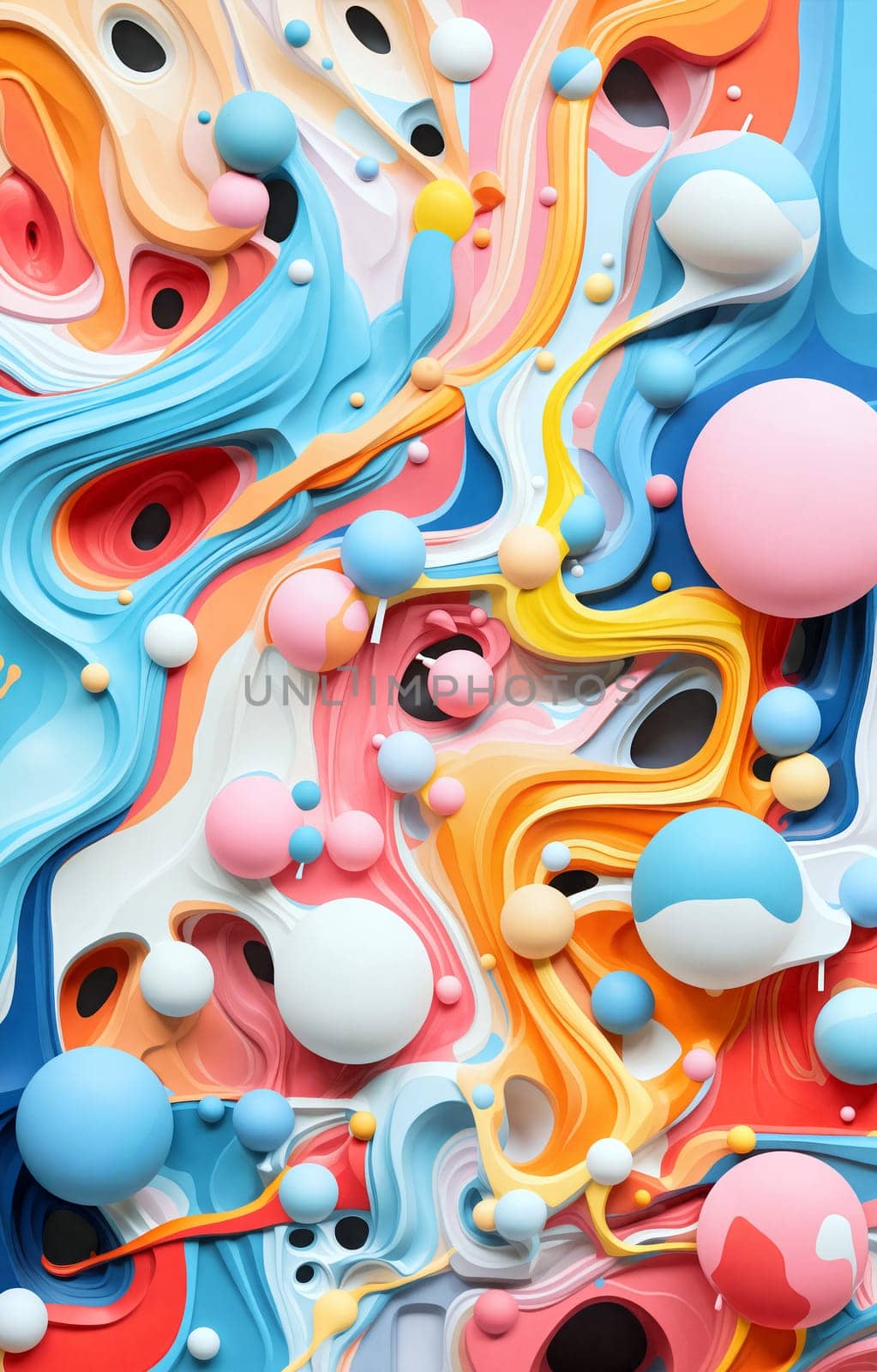 Vibrant design showcases swirling colors of blue, pink, and orange with three-dimensional spheres creating a playful and dynamic effect - Generative AI
