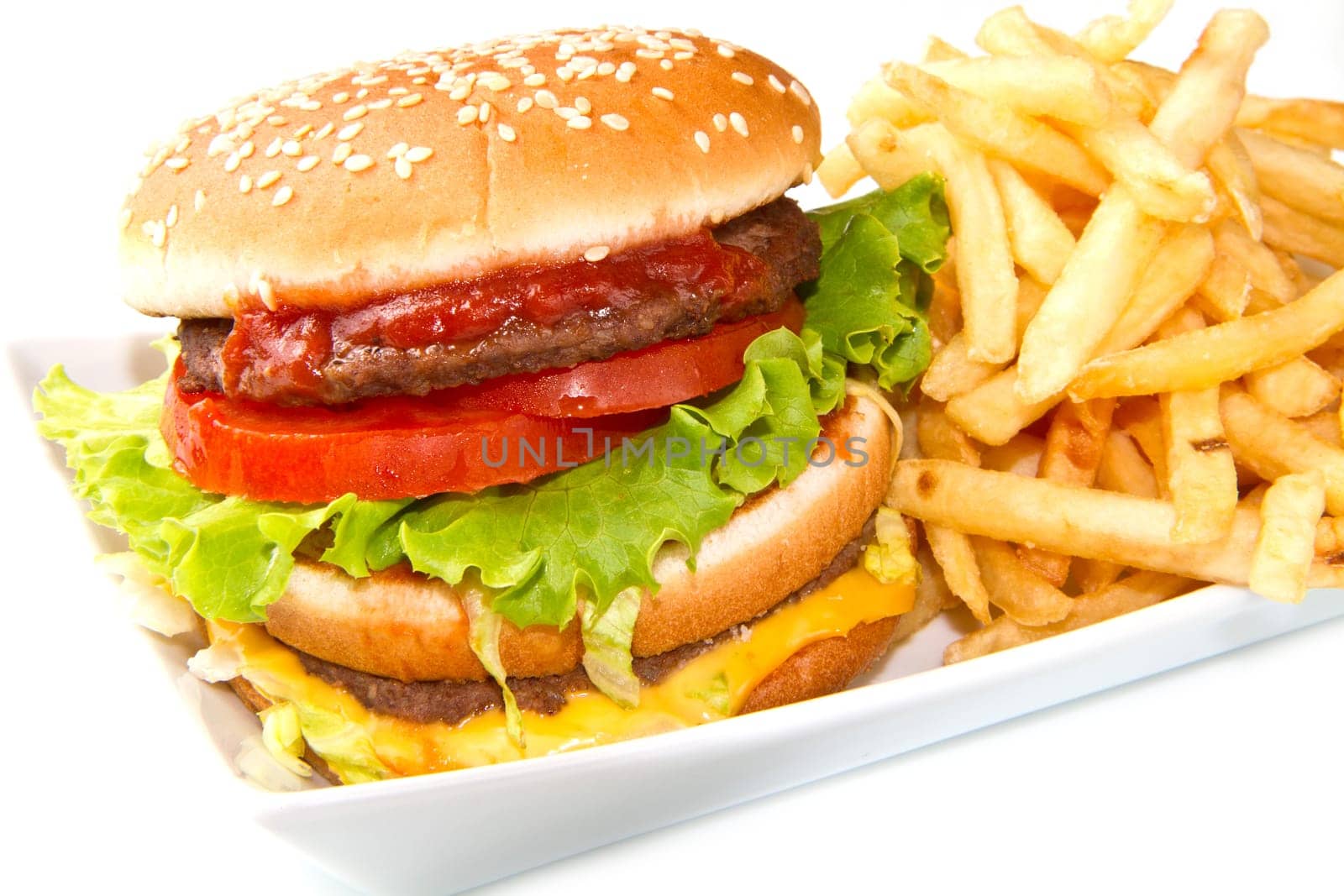 hamburger with potatoes isolated on white background
