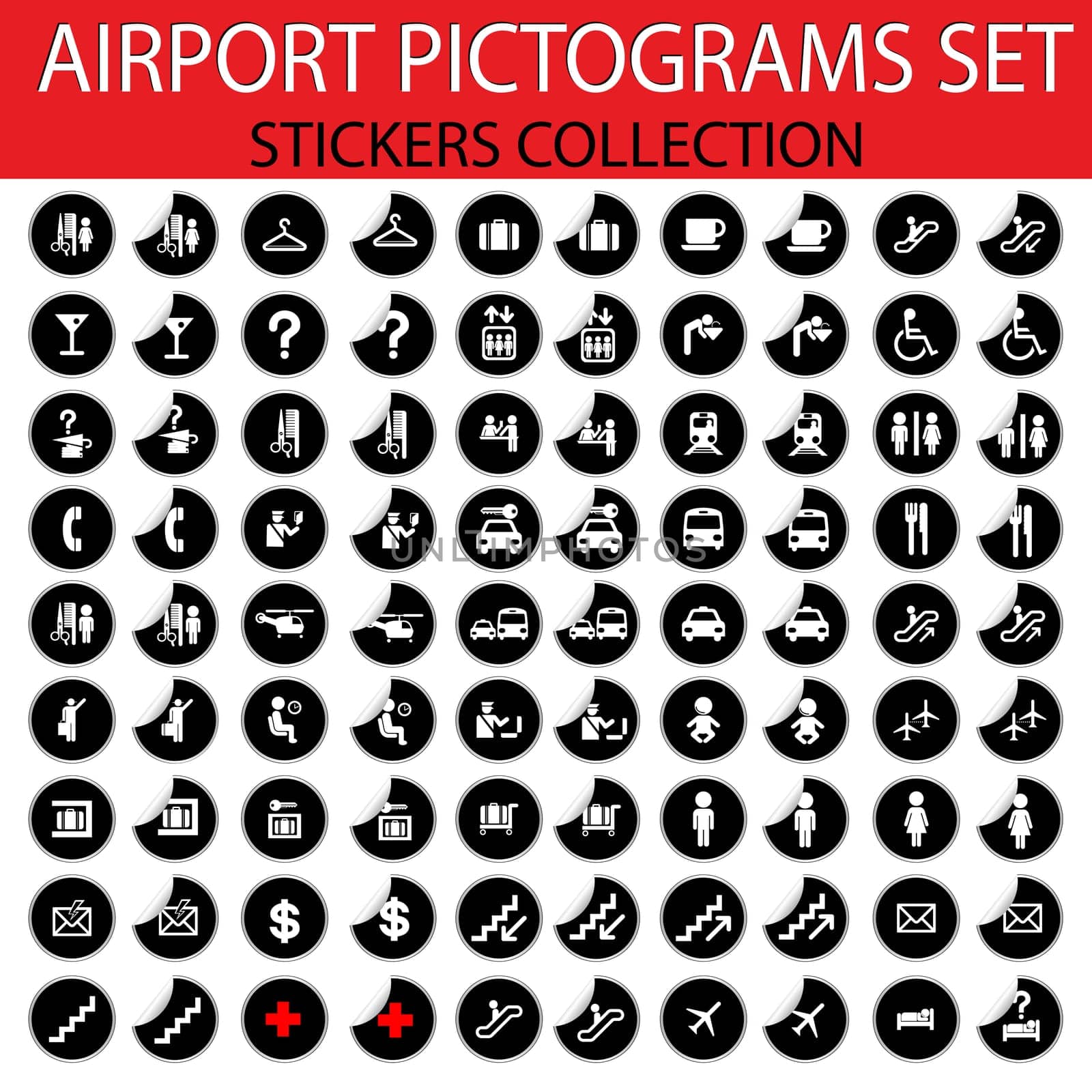 Airport pictogram set on stickers, isolated and grouped objects on white background