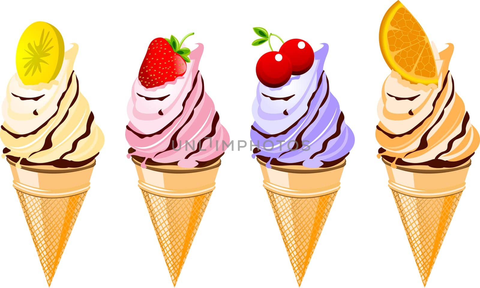 A set of four delicious fruit flavored ice cream cones