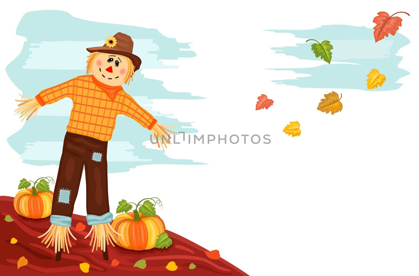Autumn harvesting with cute scarecrow and pumpkins. Over white background with room for your text.