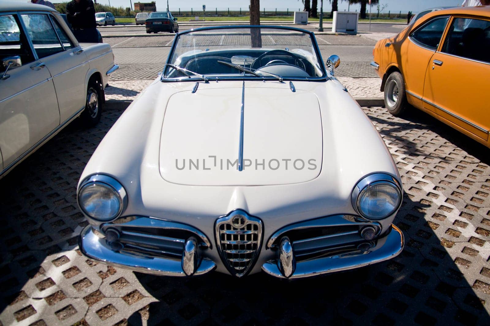 Close view of an Italian classic seventies car parked.