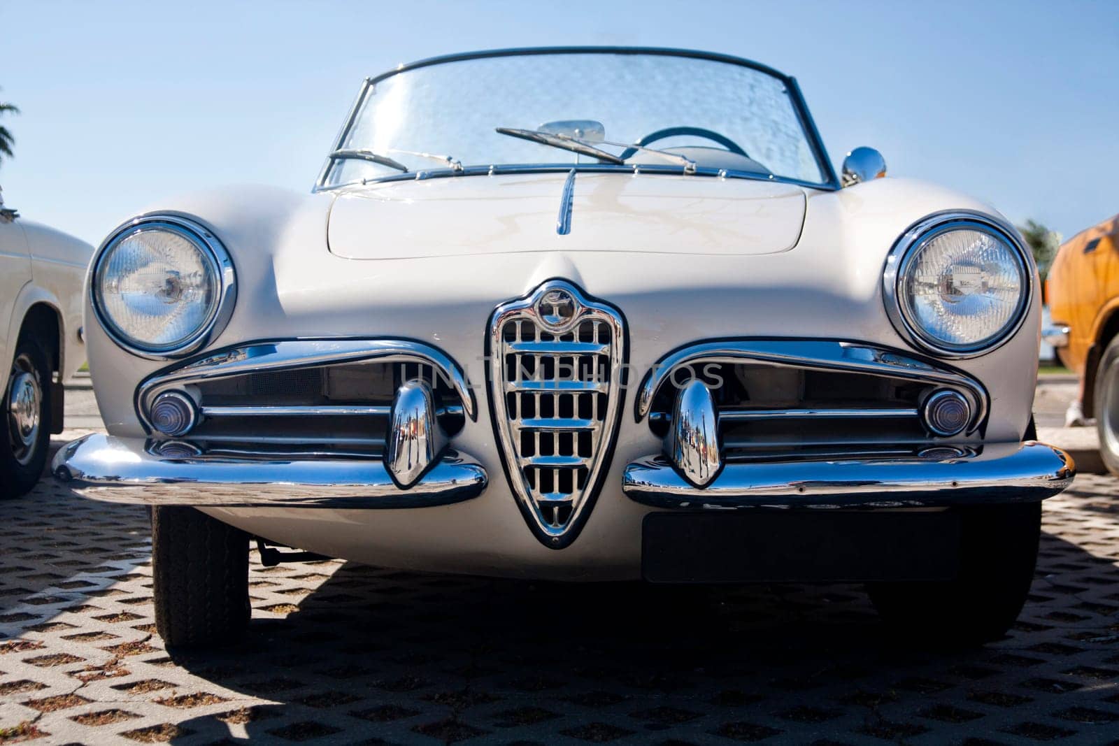 Close view of an Italian classic seventies car parked.