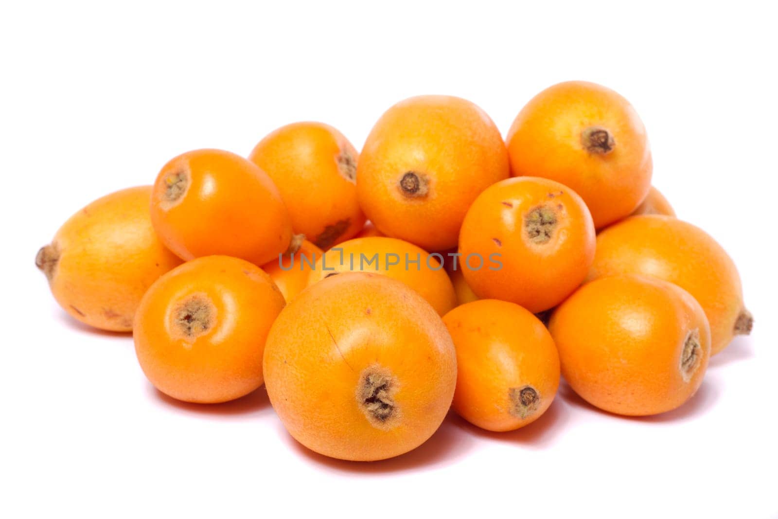 Close up view of some loquat fruit isolated on a white background.