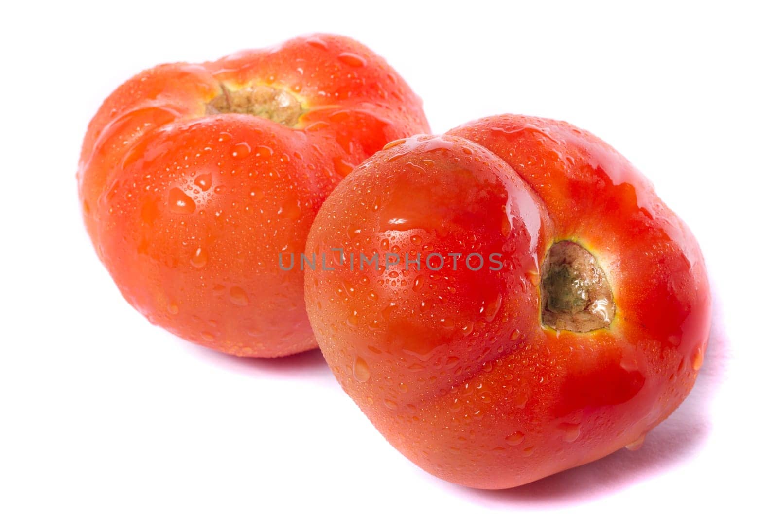 Close up view of two red tomatoes isolated on a white background.