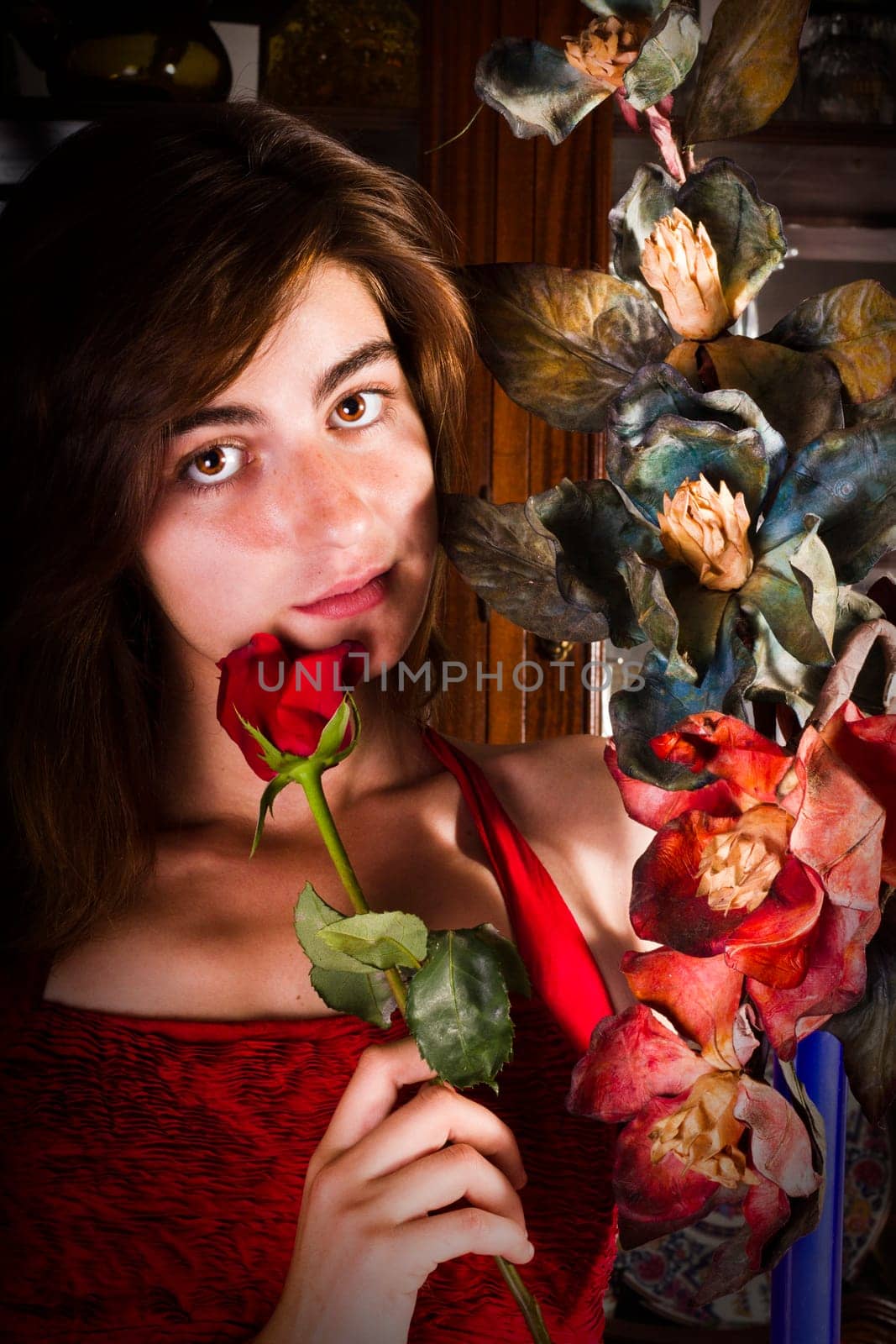 View of a beautiful young girl in a red dress on a living room.