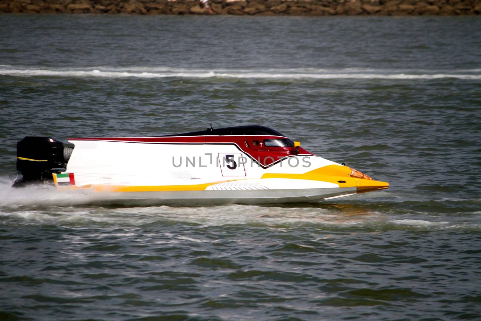 View of a powerboat race on a lake in Portugal.
