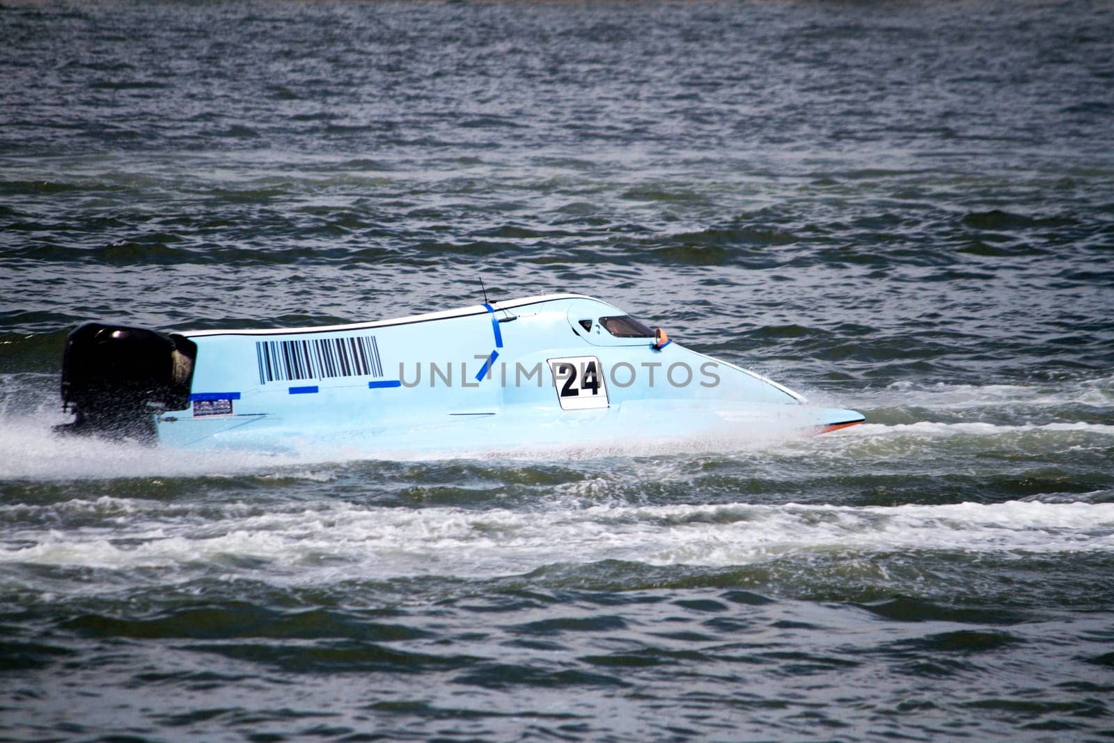 View of a powerboat race on a lake in Portugal.