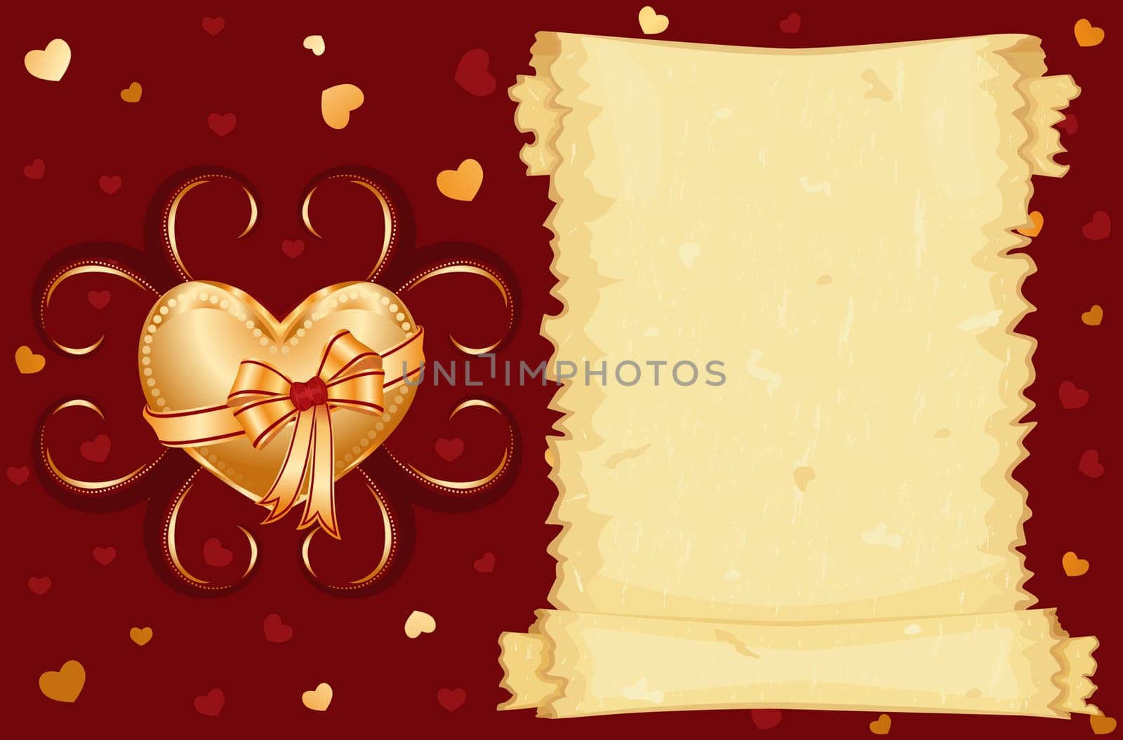 I love you card with golden heart and blank scroll paper for your own text.