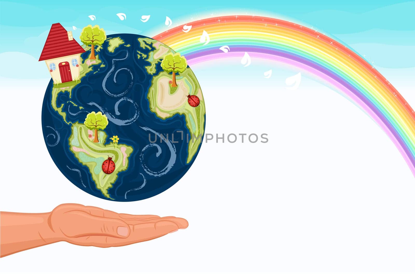 Fight against global warming and save our green planet, Earth. With beautiful rainbow and room for your text.
