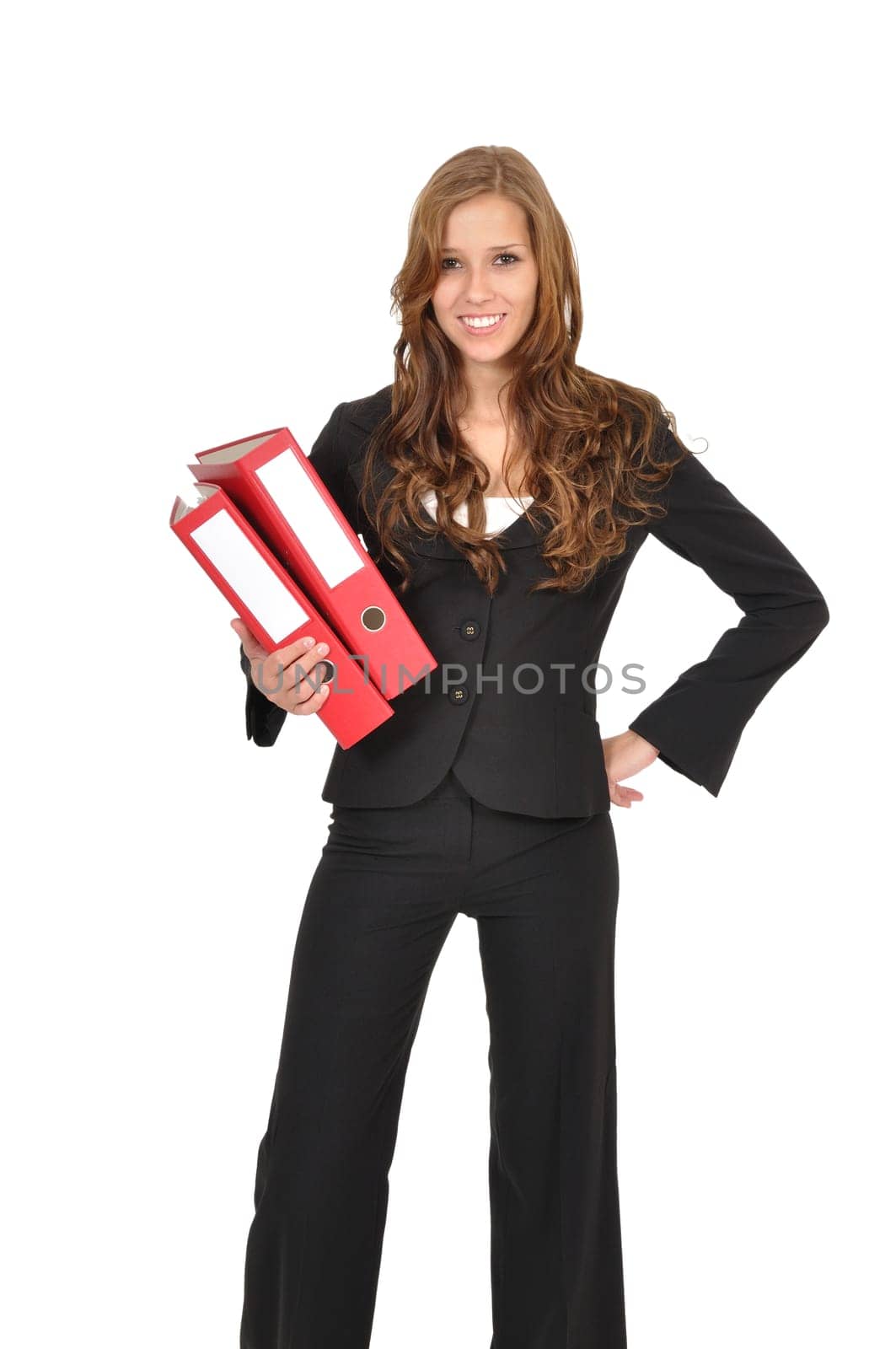 Woman in suit wearing red folders
