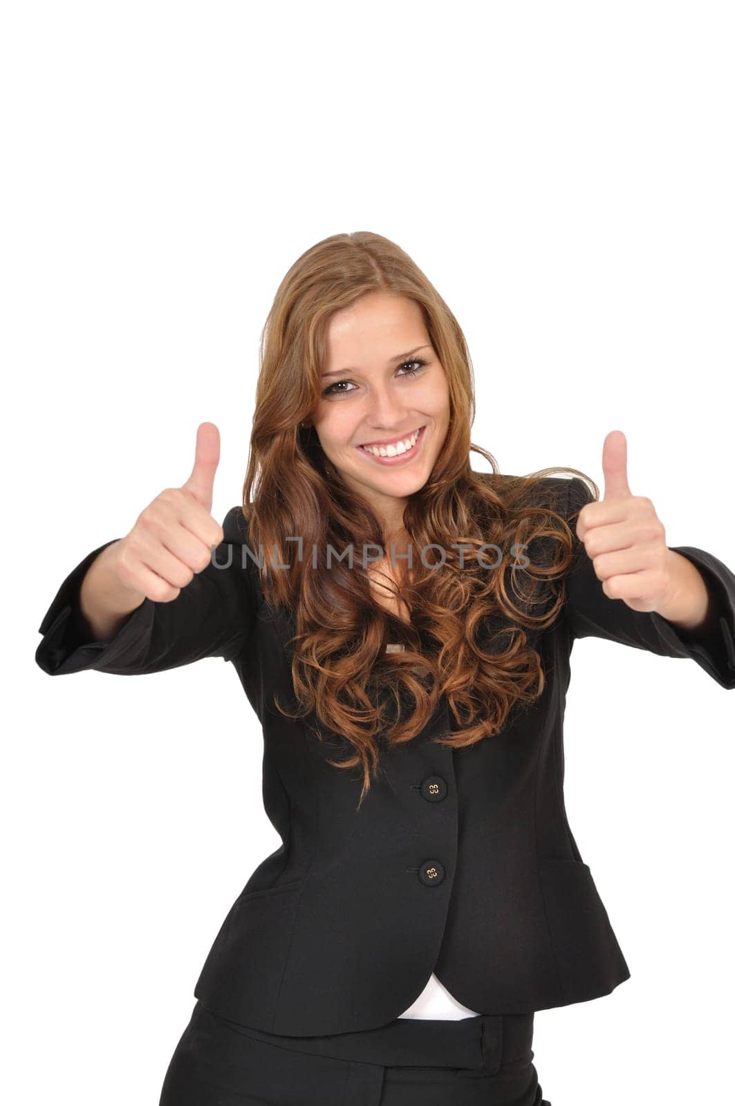 Businesswoman in suit with two thumbs up