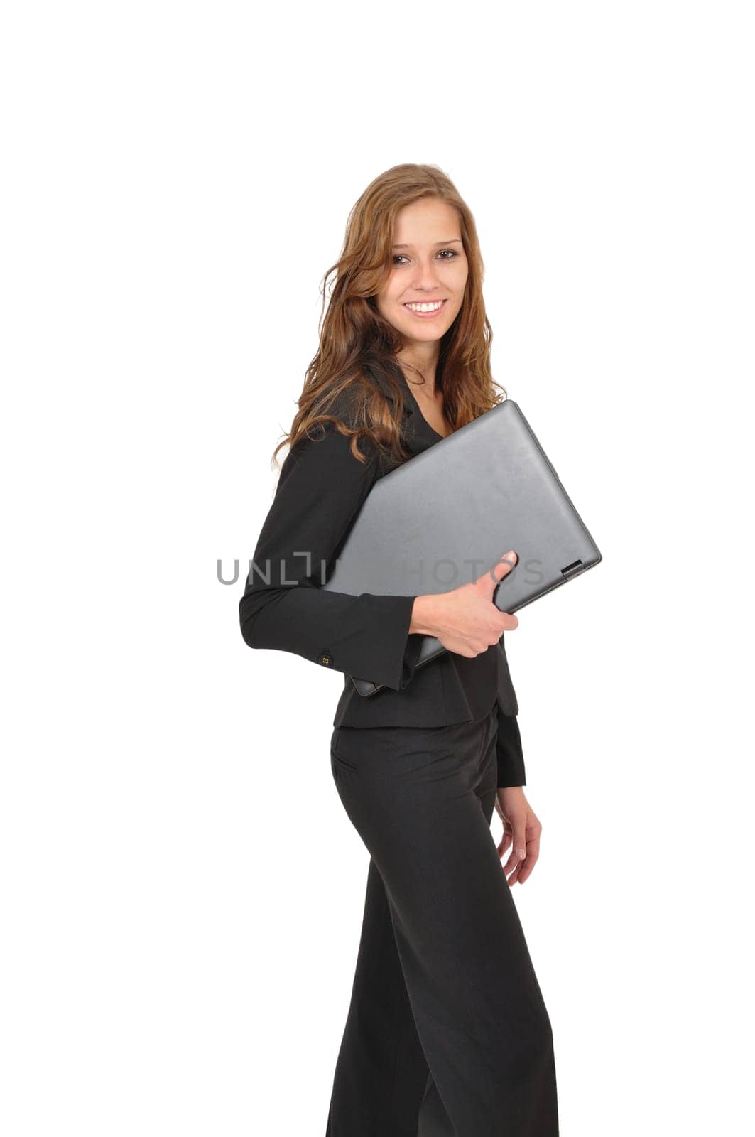 Smiling woman using laptop