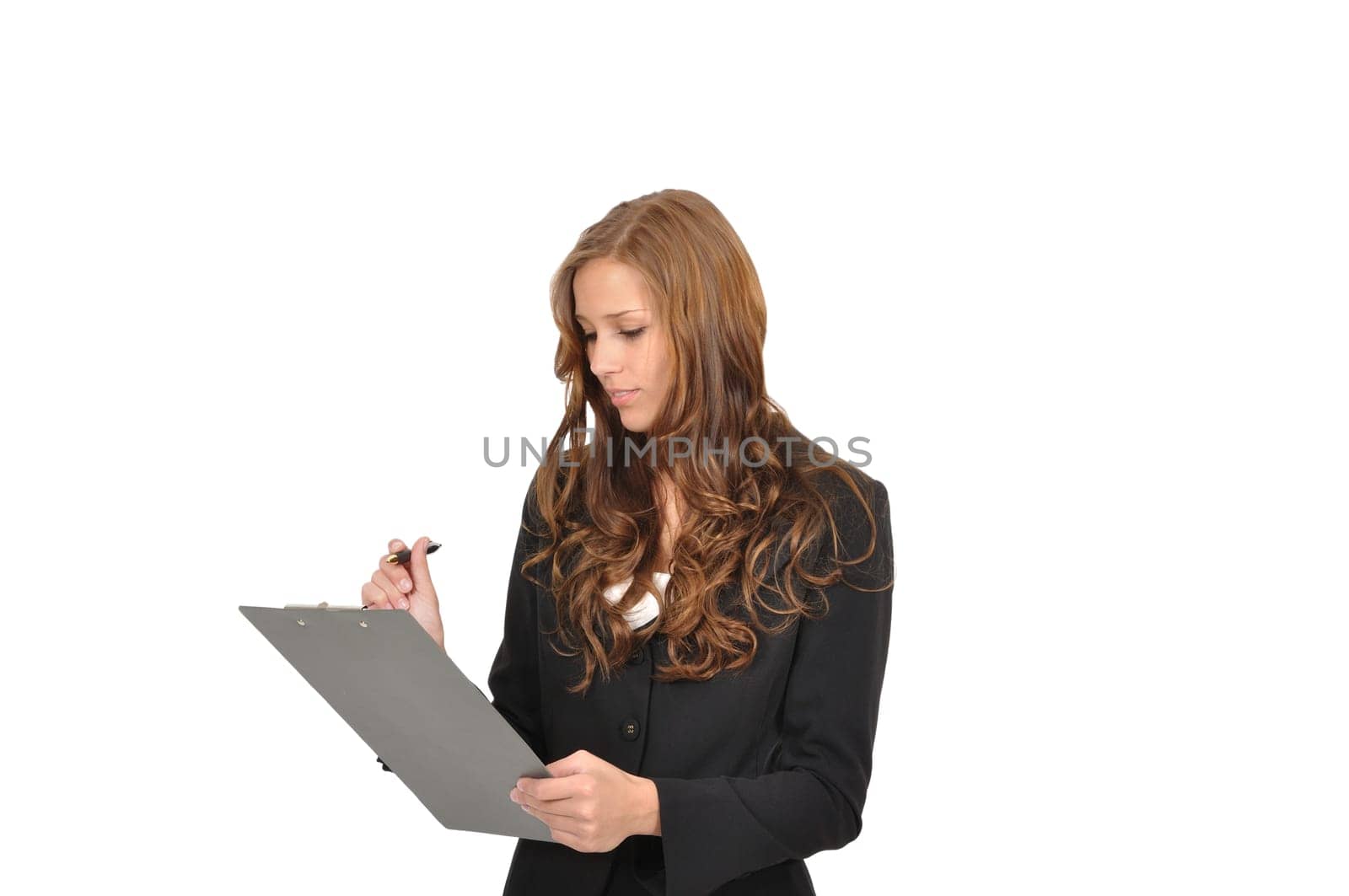 Young woman in suit with clipboard