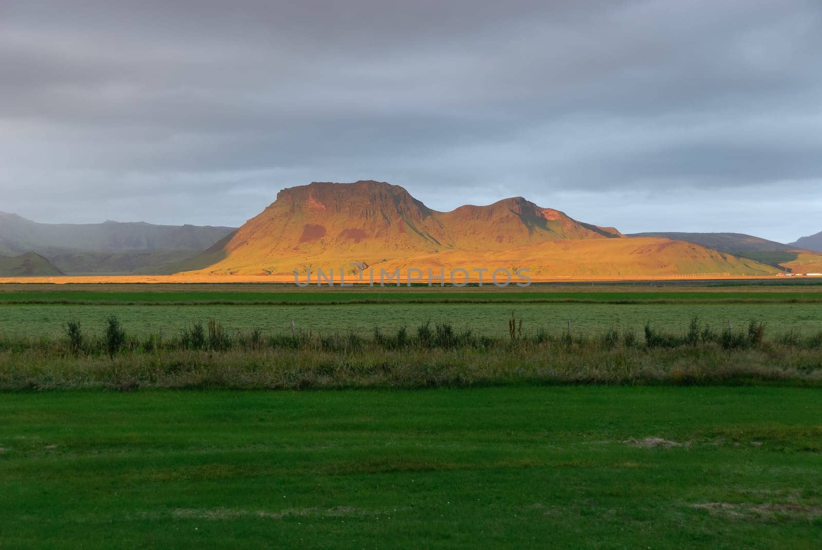 Sunset on the hills behind Vik