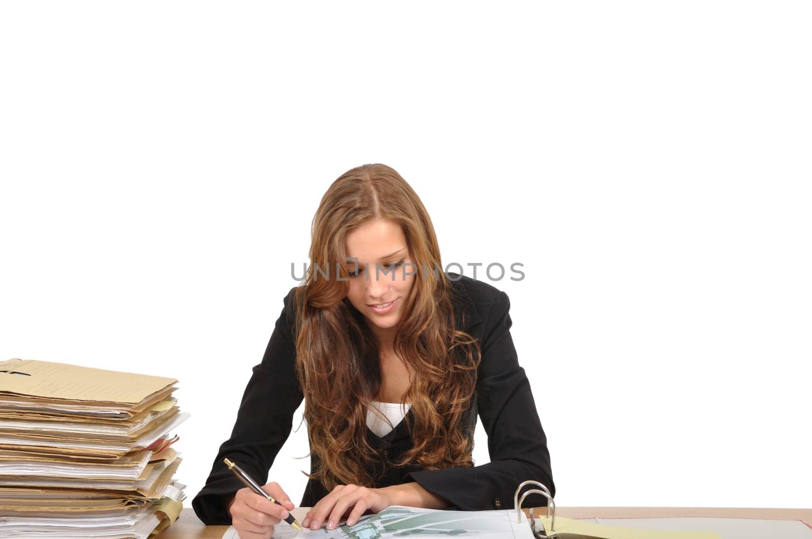 Saleswoman studying a construction drawing
