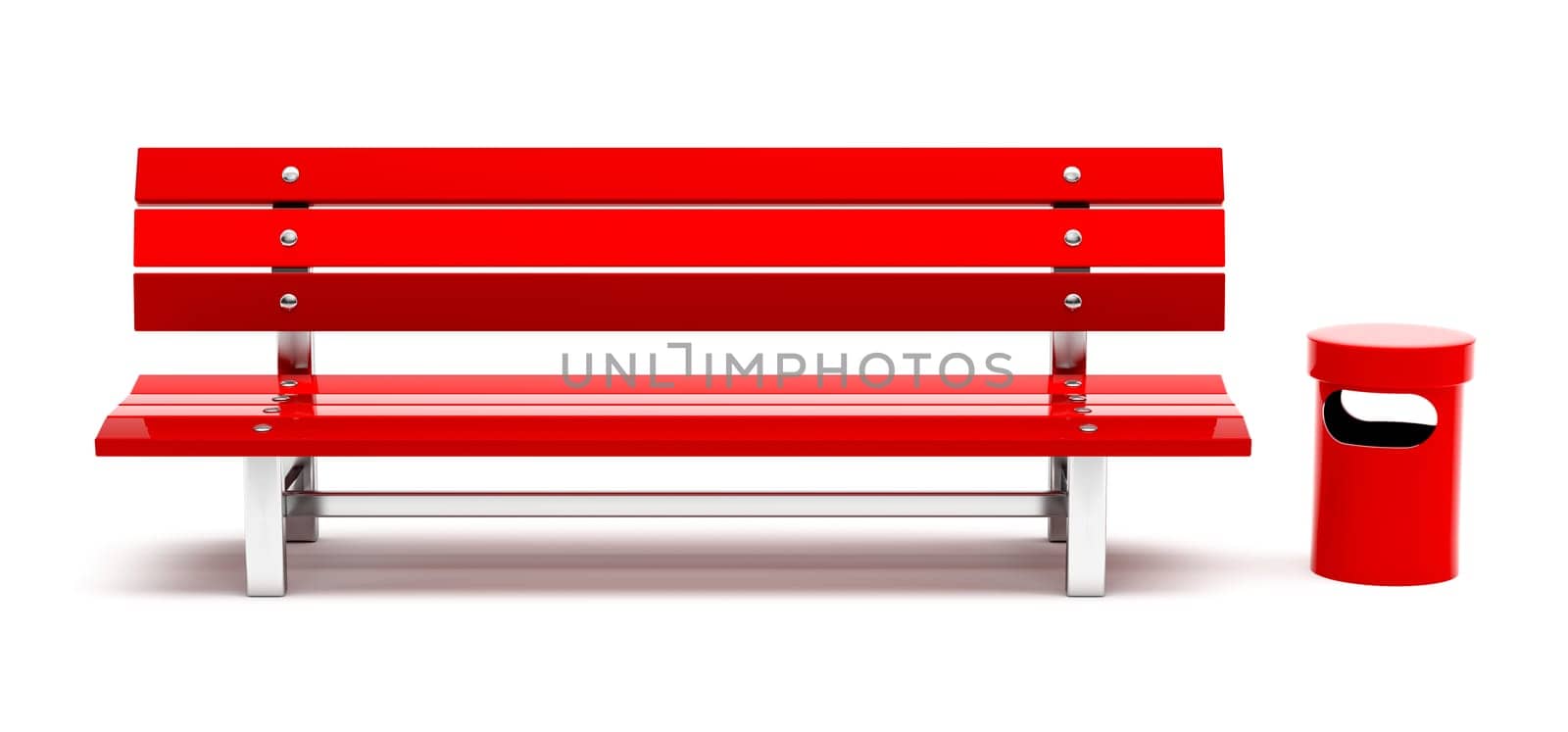 Red bench and bin, isolated on white. 3d illustration.