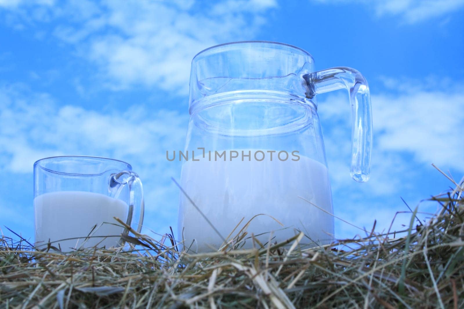 Side zoomed foto of milk container and glass
