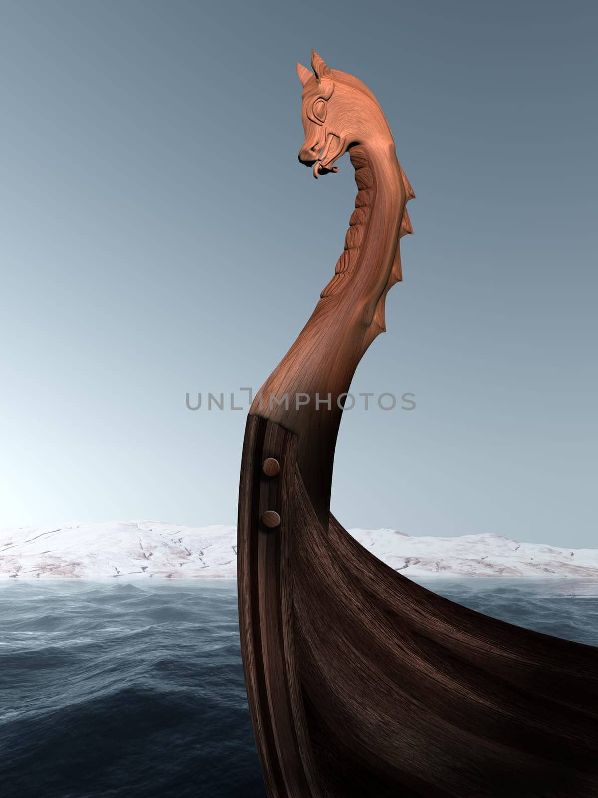 Illustration of an ancient wooden figurehead on a Viking longboat