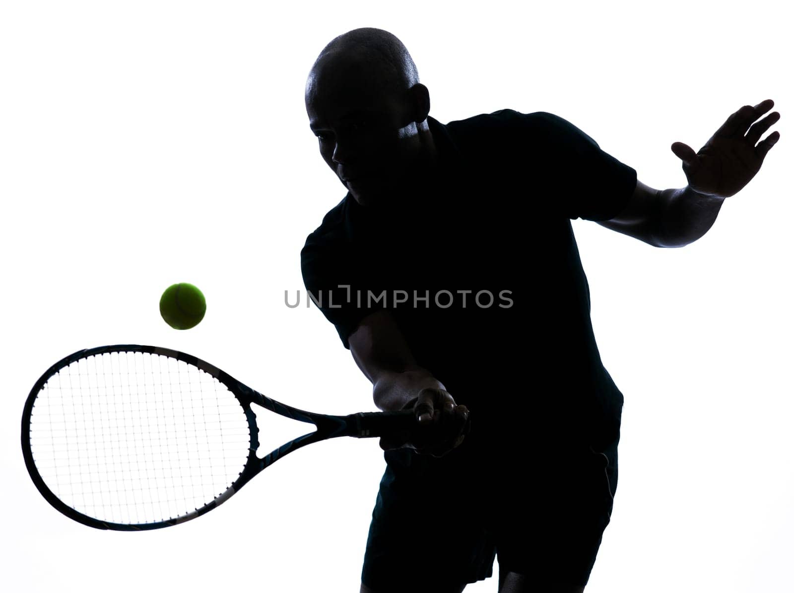 man african afro american playing tennis player forehand on studio isolated on white background