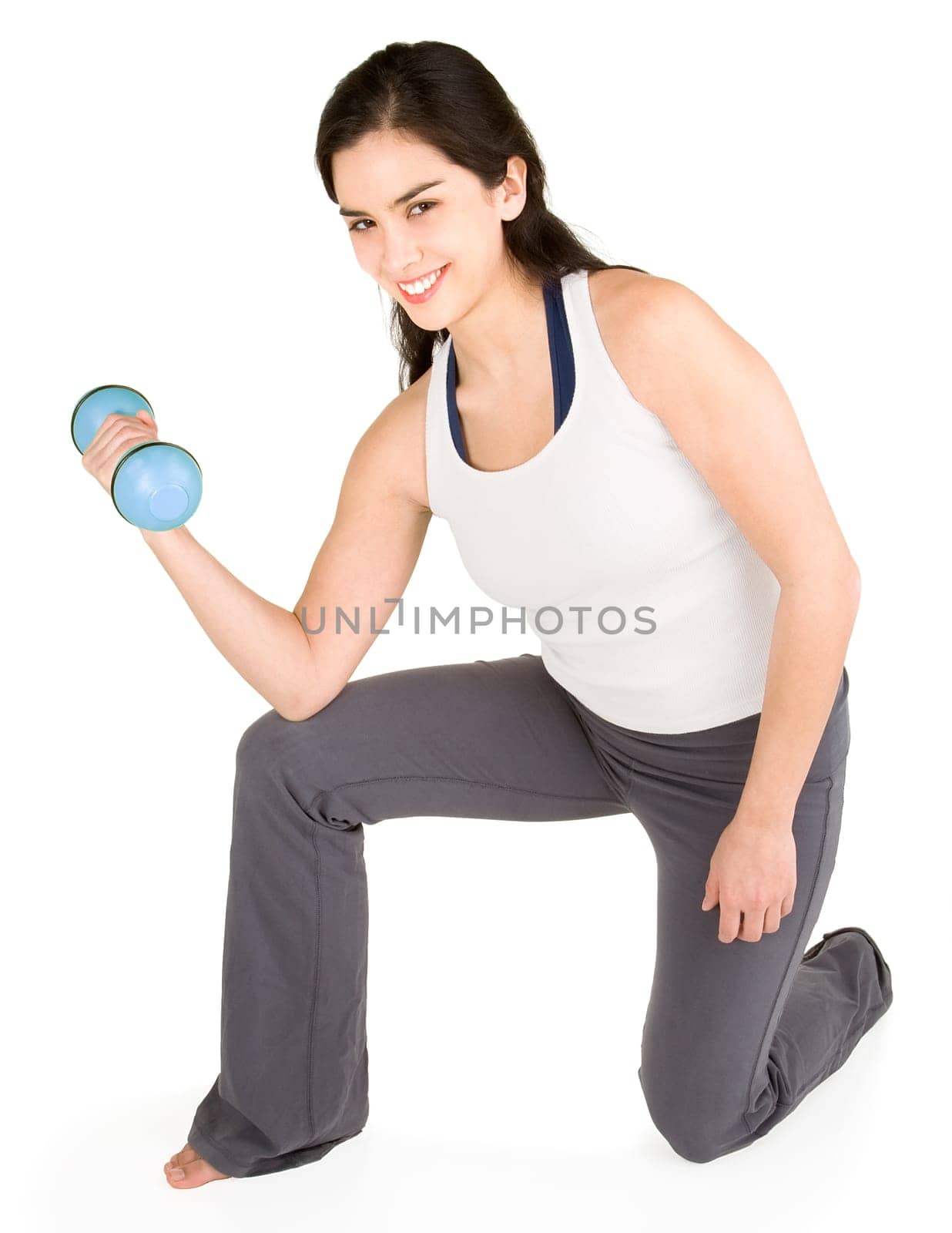 A youg lady is lifting weights.