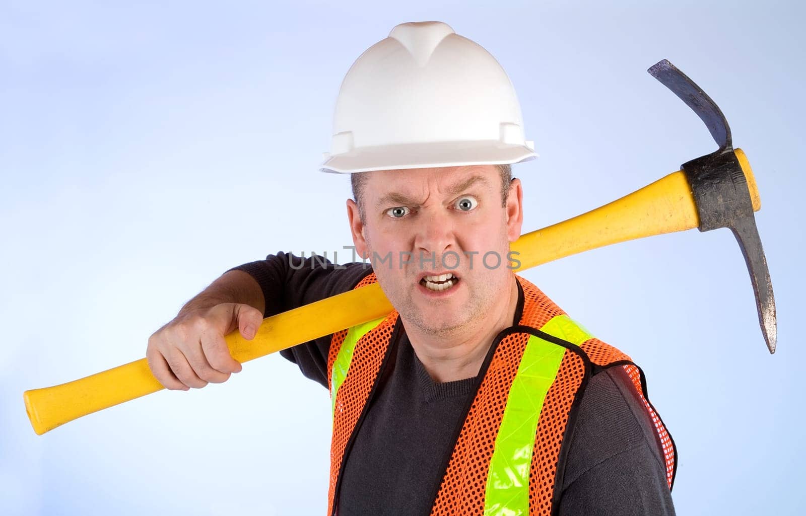A contruction worker is mad about something.