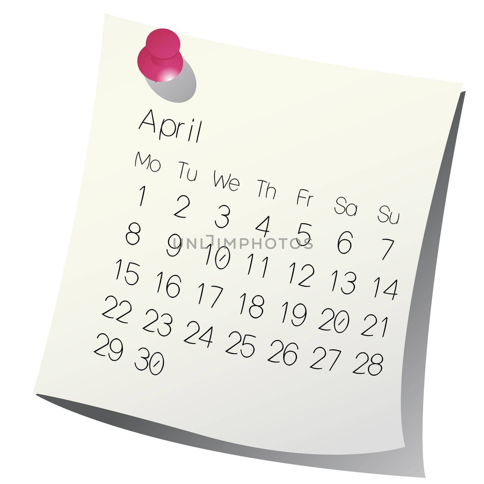 2013 April calendar on white paper