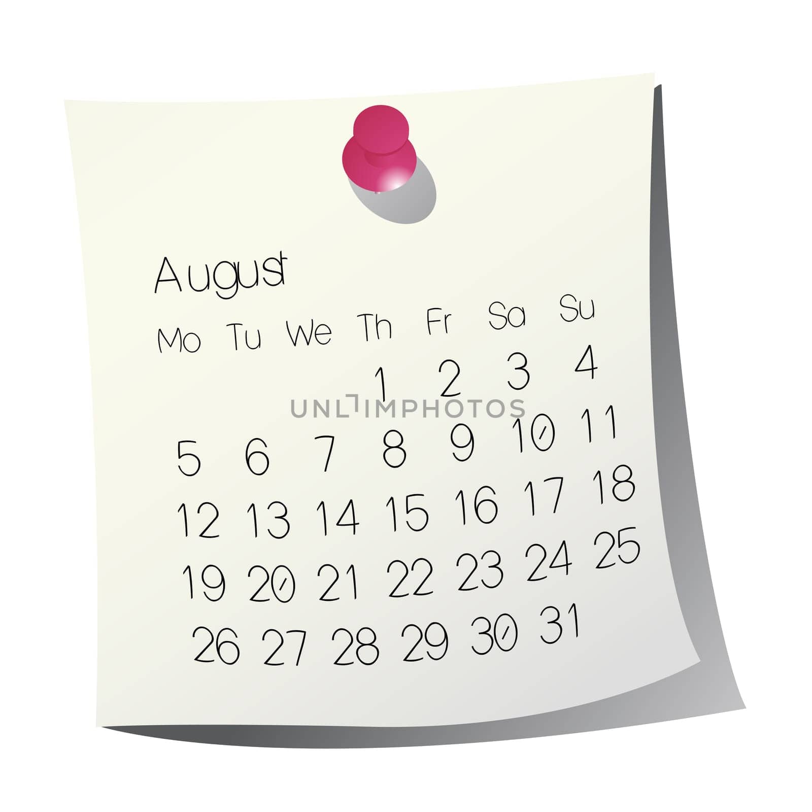 2013 August calendar on white paper