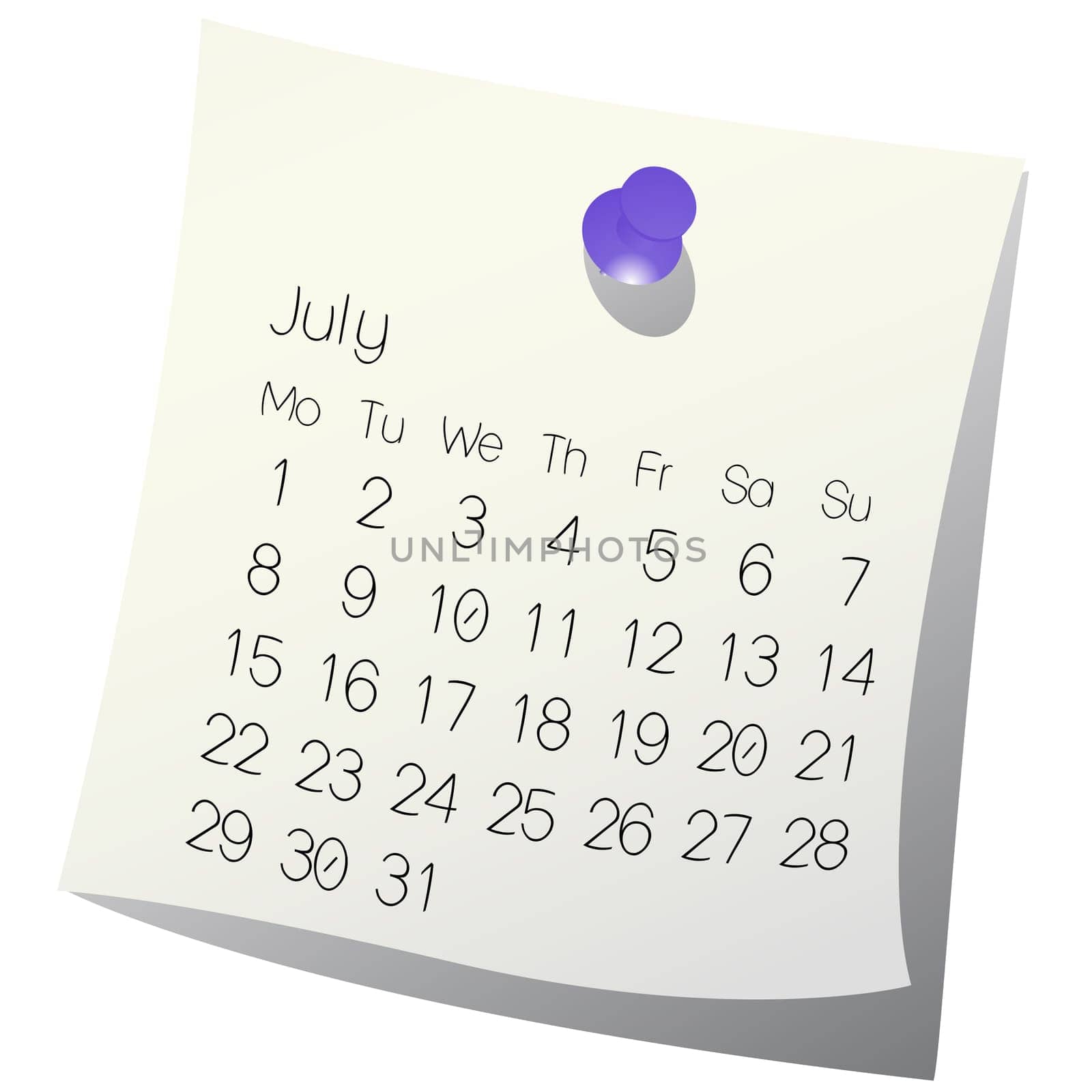 2013 July calendar on white paper