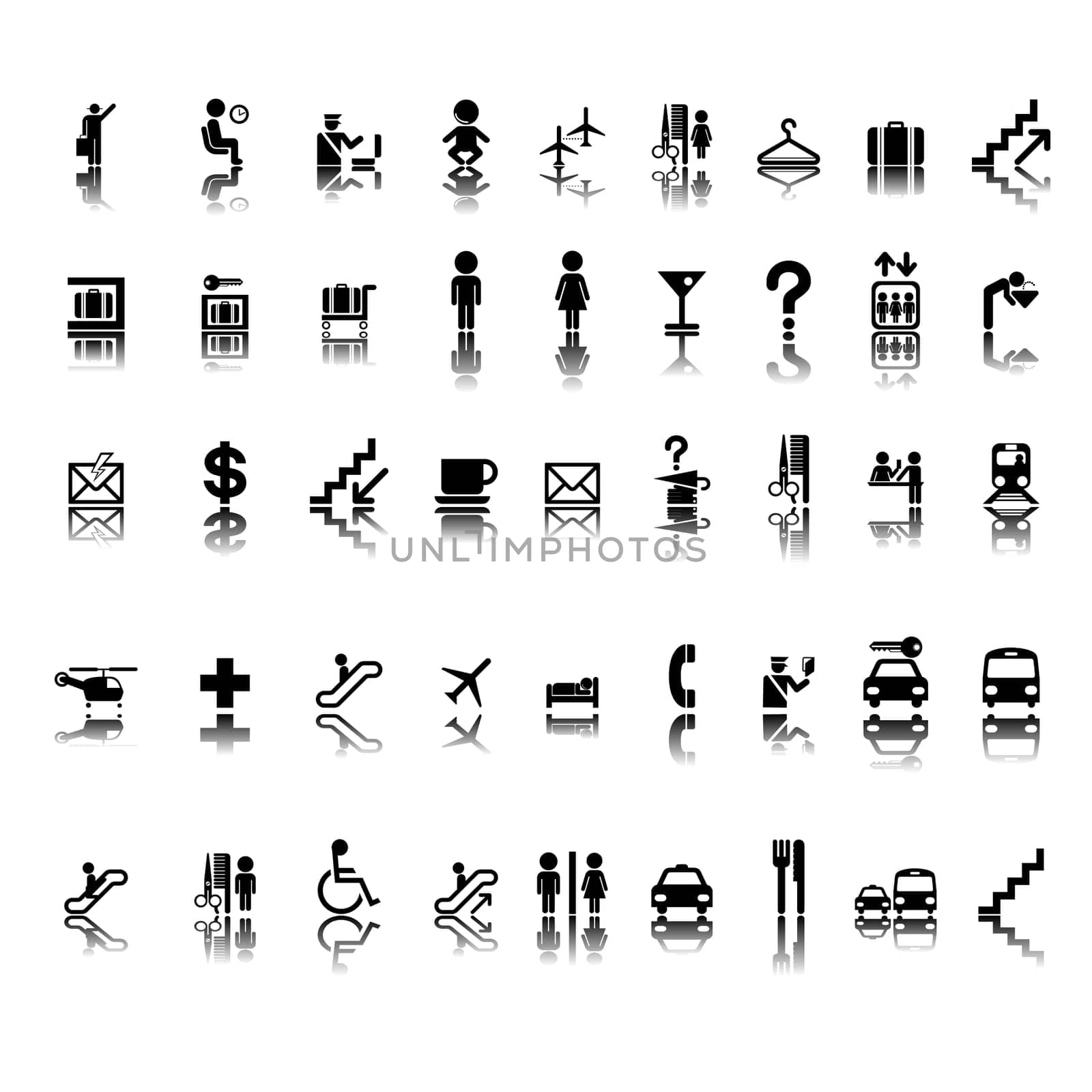 Airport pictogram set on stickers, isolated and grouped objects on white background