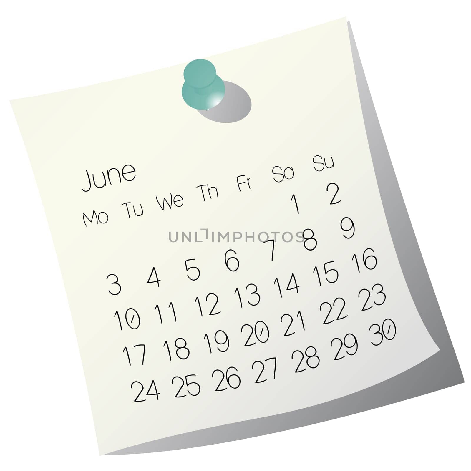 2013 June calendar on white paper
