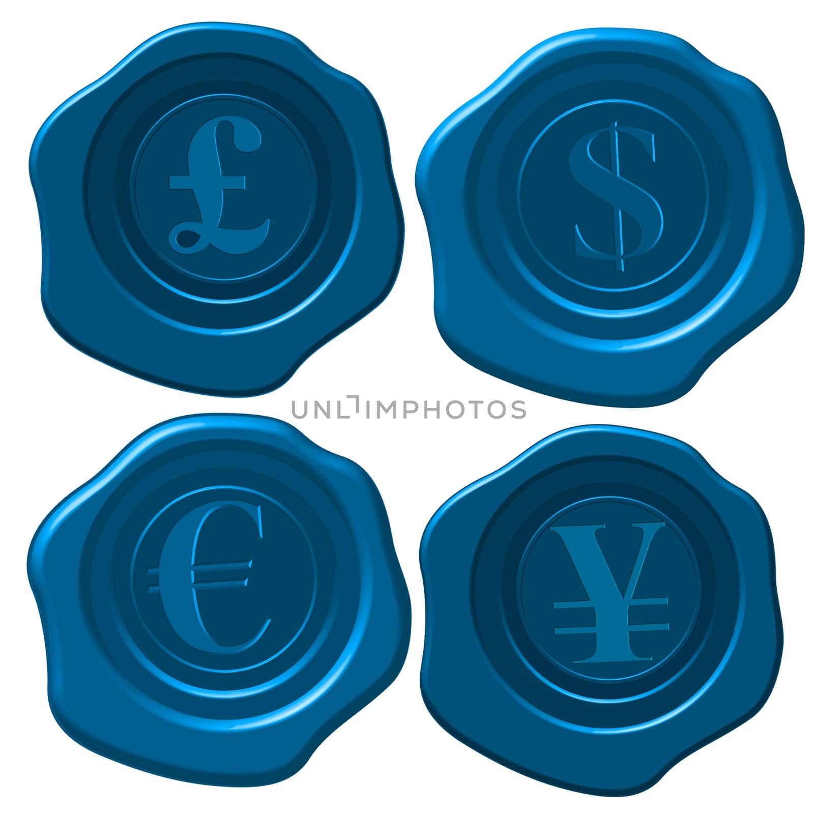 Major currency symbols on blue wax seal.
