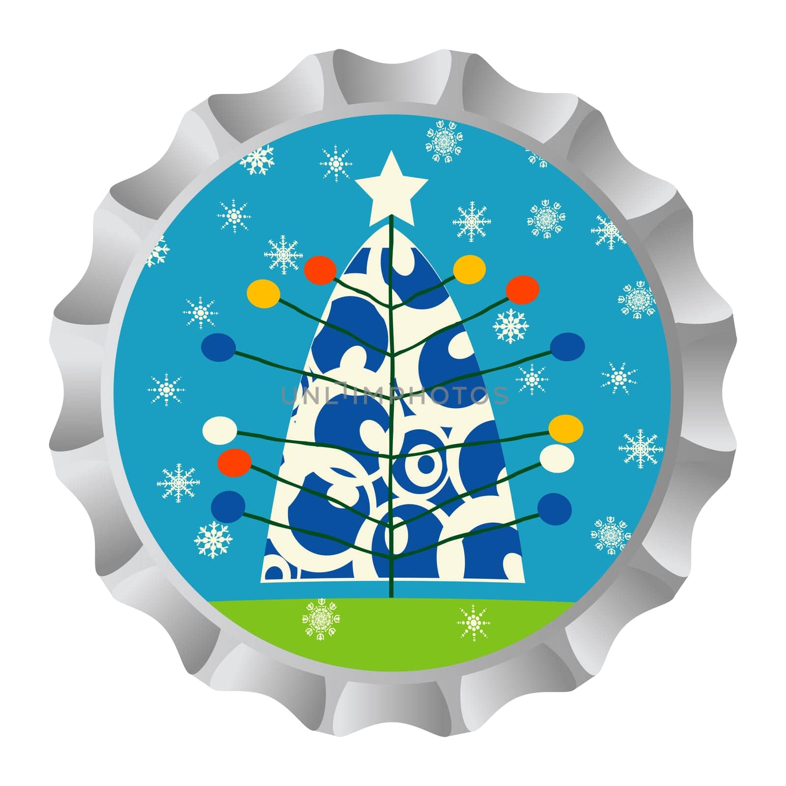 Retro bottle cap with Christmas tree ans snowflakes