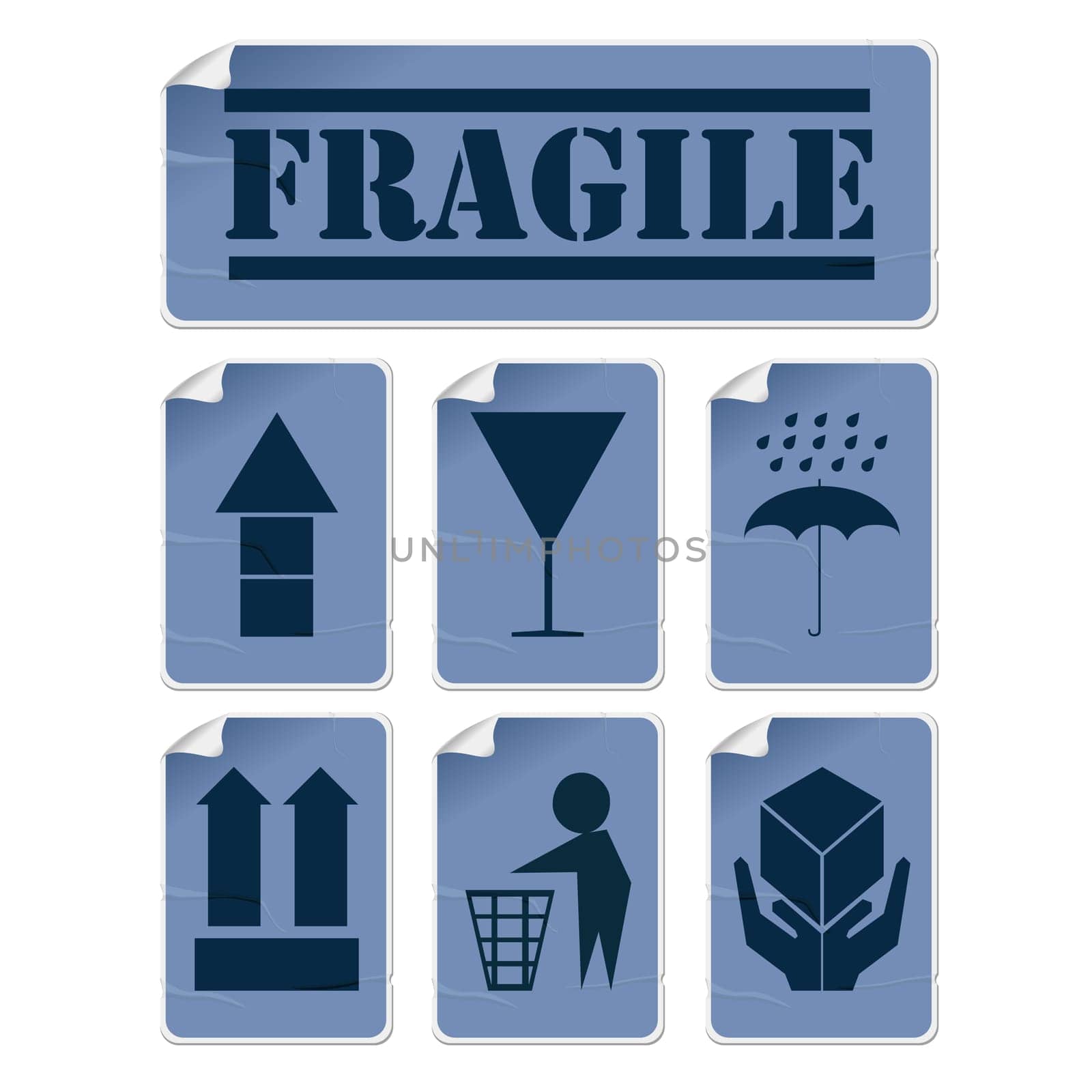 Badly glued stickers, transportation symbols set in blue tones, isolated and grouped objects against white background