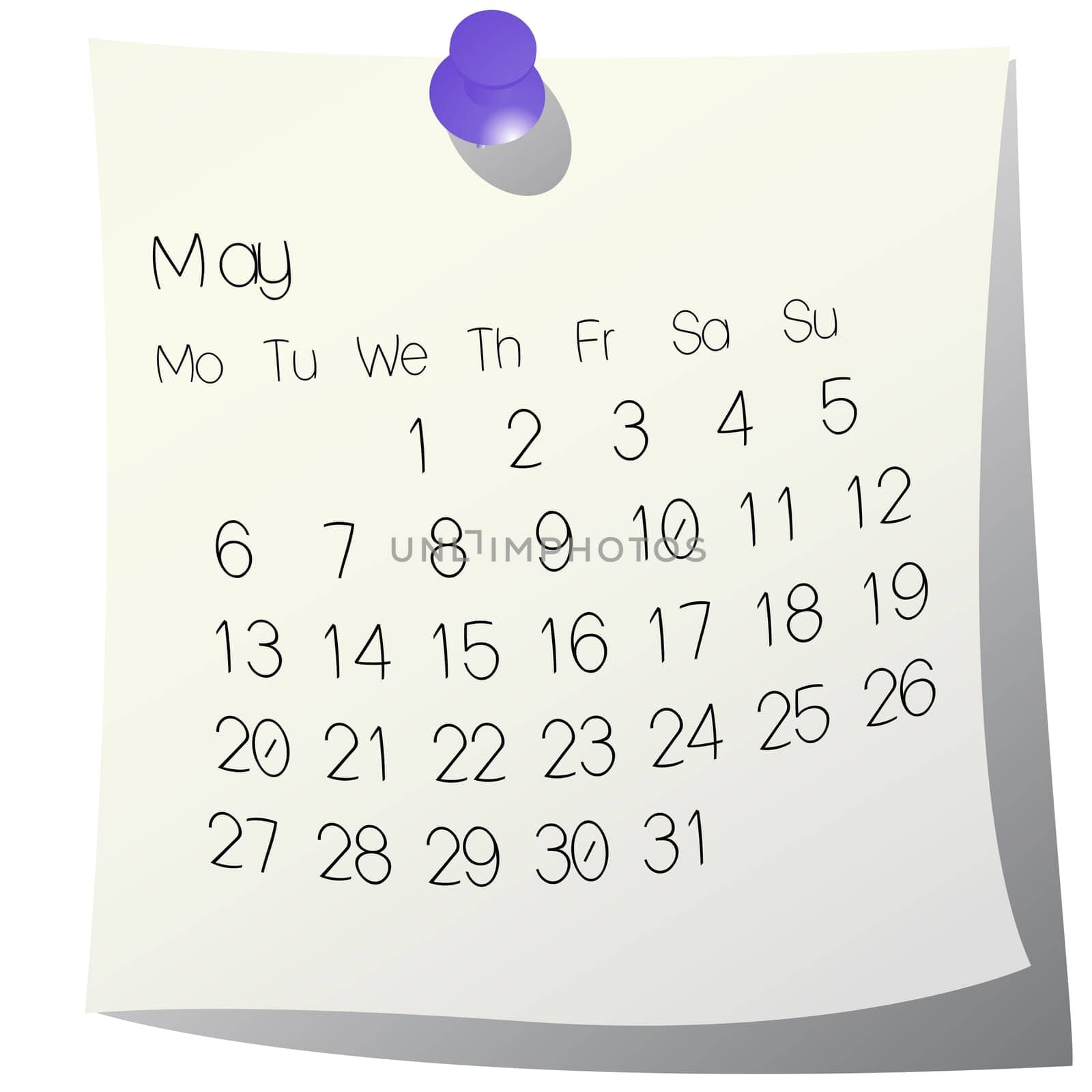 2013 May calendar on white paper