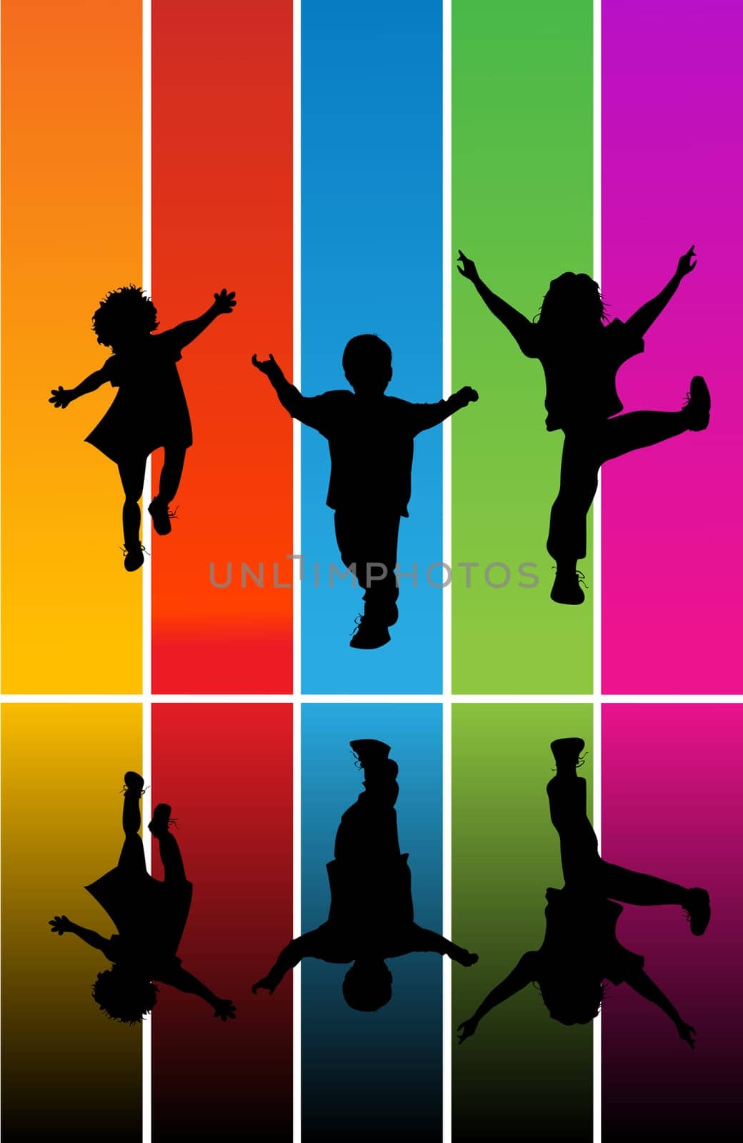 Jumping children silhouettes over a rainbow background