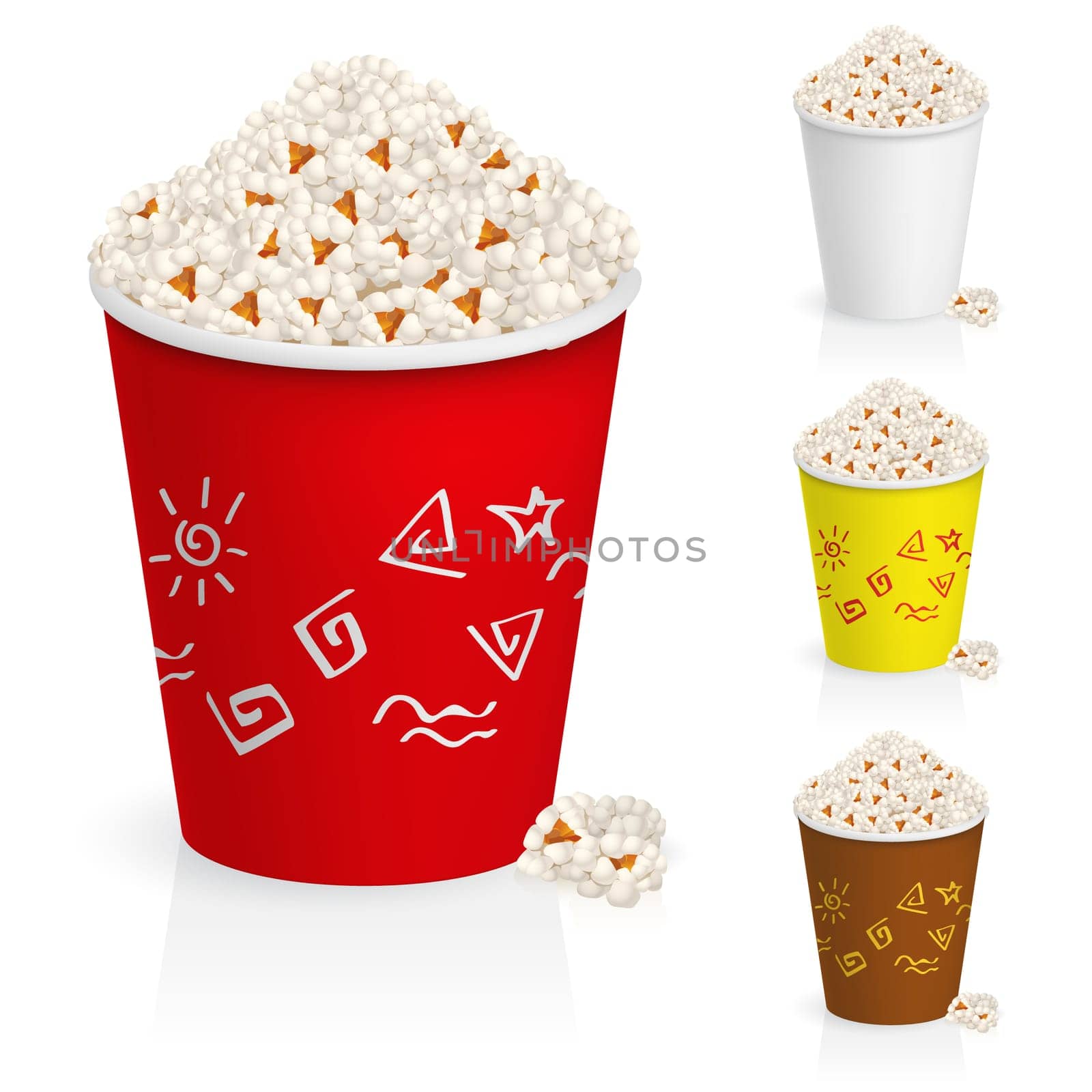 Popcorn in fun multi-colored glasses. Illustration on white background