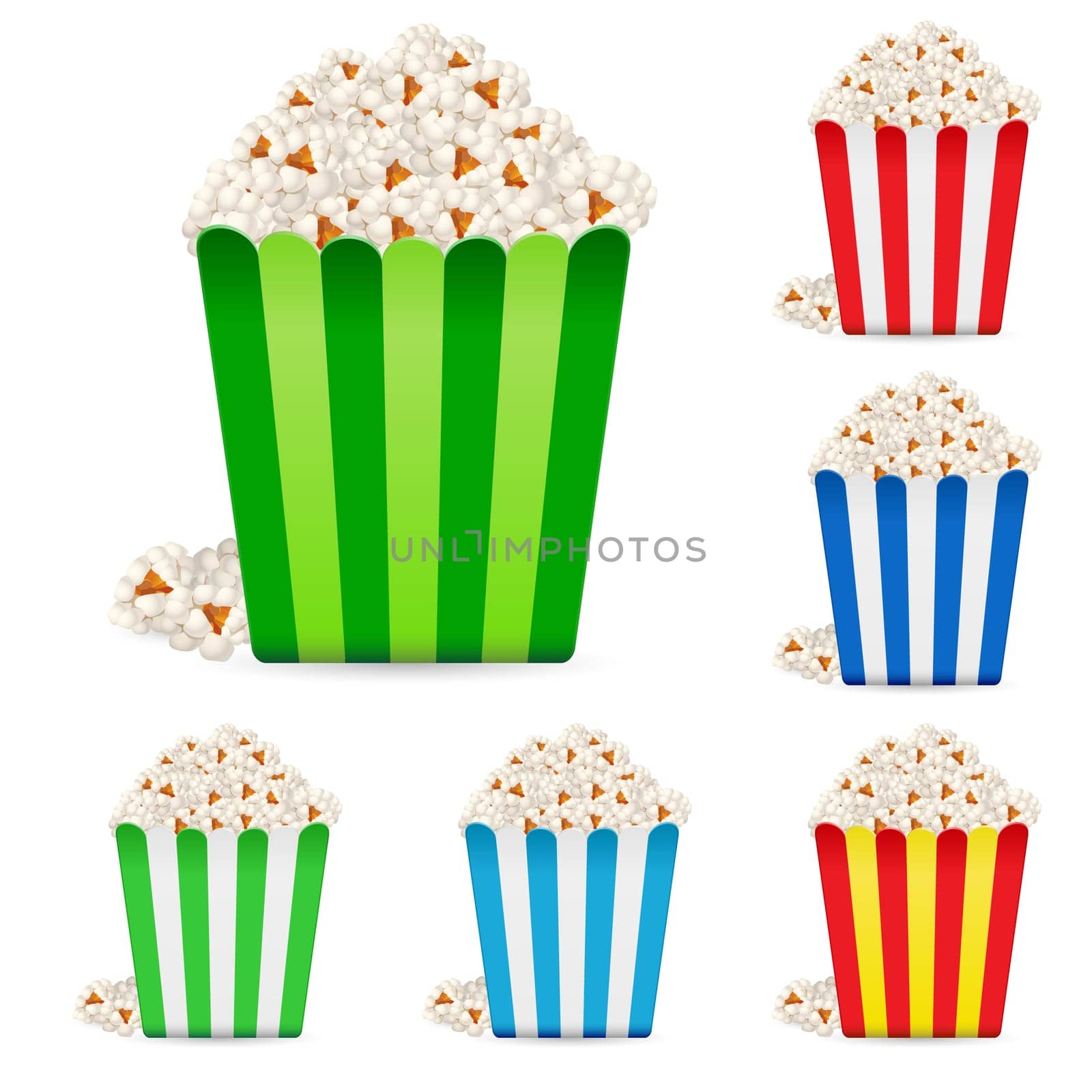Popcorn in multi-colored striped packages. Illustration on white background
